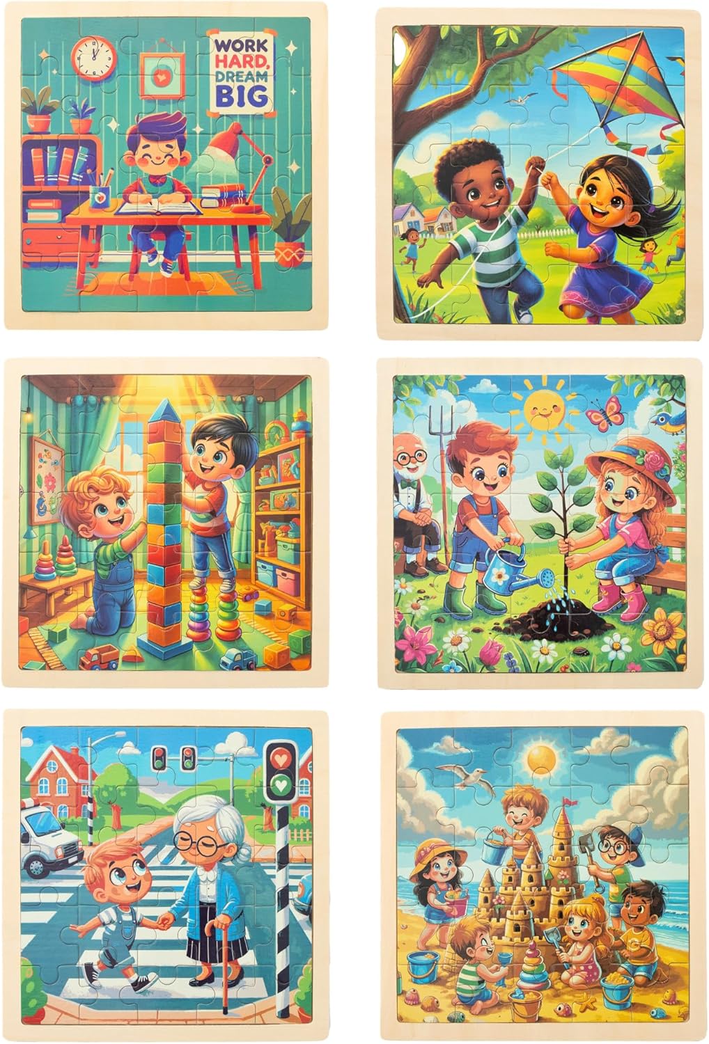 6 Educational Wooden Puzzles & Storybook, Teaches Kindness, Empathy & More β 6 in 1 Jigsaw Puzzle for Kids Ages 3-7 β Learn Real Values Through Stories β Montessori Puzzle Set 25 Pieces