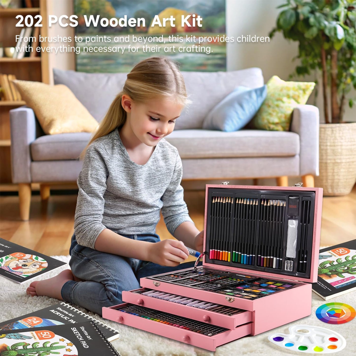 Shuttle Art Deluxe Gift Art Kit, 202-Piece Wooden Art Supplies Set with 4 Drawing Pads, Canvases, Coloring Sheets, Acrylic Paint, Crayons, Oil Pastels, Colored Pencils for Kids