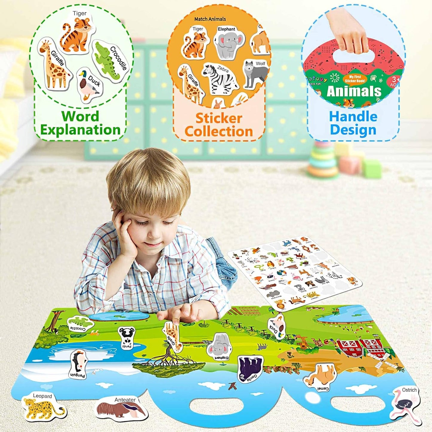 Reusable Sticker Books for Toddlers 1-3, Stickers for Toddlers 2-4 Years, Animal Stickers for Kids, Airplane Travel Essentials for Kids