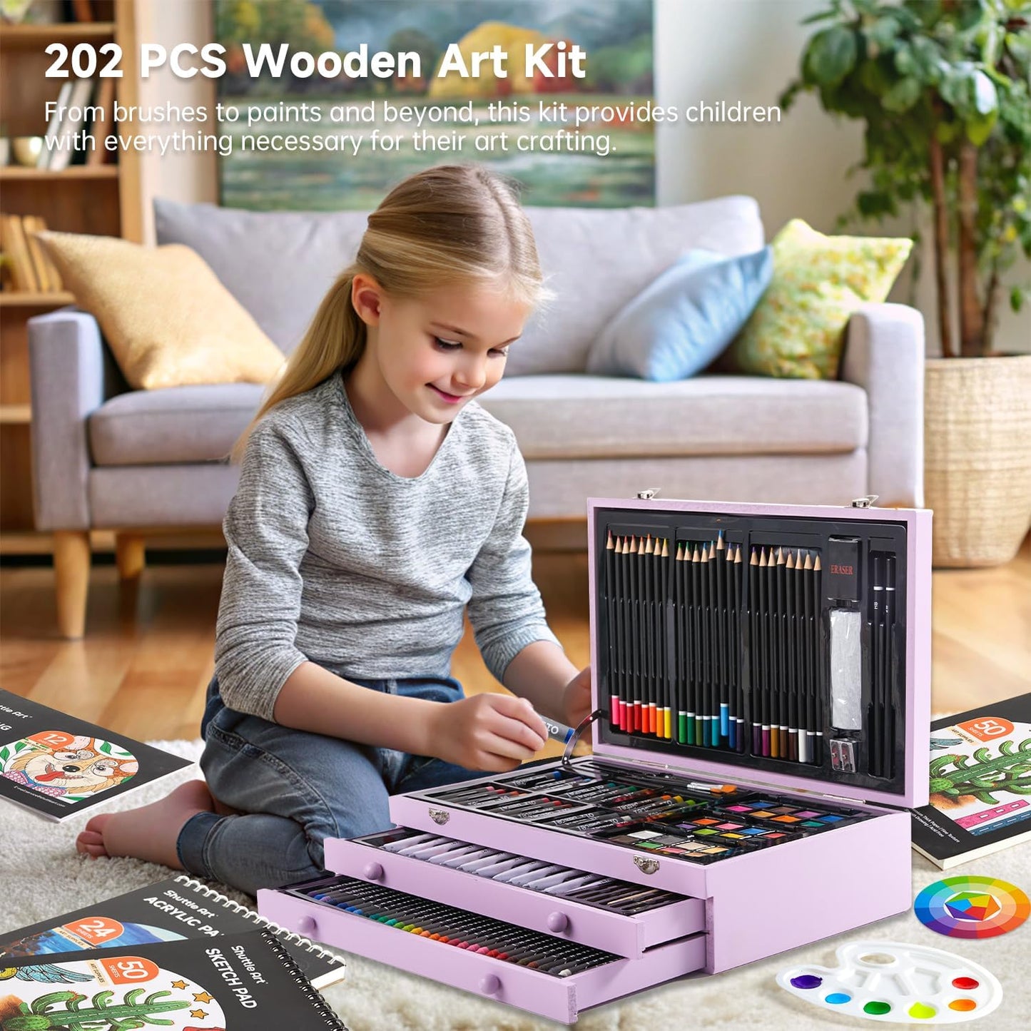 Shuttle Art Deluxe Gift Art Kit, 202-Piece Wooden Art Supplies Set with 4 Drawing Pads, Canvases, Coloring Sheets, Acrylic Paint, Crayons, Oil Pastels, Colored Pencils for Kids