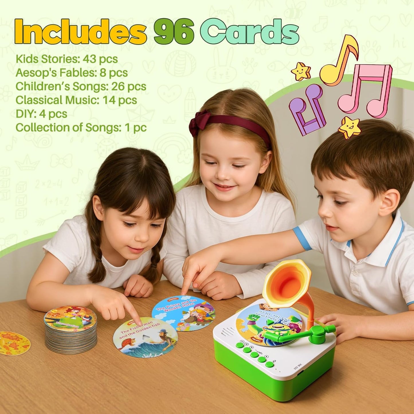 Kids Phonograph Toddler Record Player, with 96 Learning Cards, Early Education Machine Record Player Music Box Storyteller pop Speakers, Gift for Boys and Girls