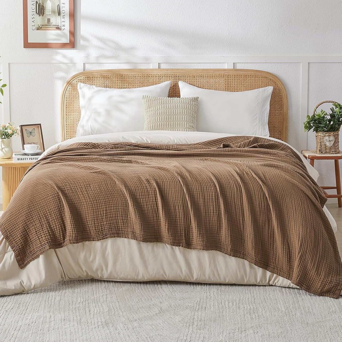 EMME Cotton Muslin Throw Blanket Couch Breathable Gauze Blanket Soft Lightweight Blankets Adults (Brown, 50"x60")