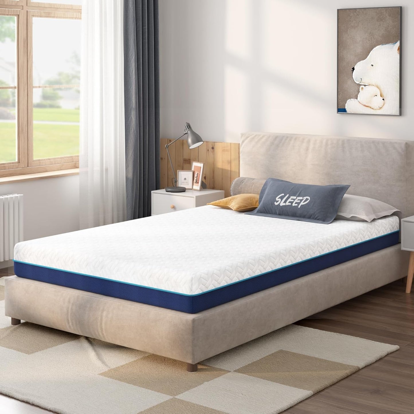 Twin Mattress for Kids - 8 Inch Cooling Gel Memory Foam Mattress in a Box,Gel-Infusion for Cooler Sleep,Breathable Cover,Healthy and Safe,39" X 75" X8" (White&Navy, Twin)