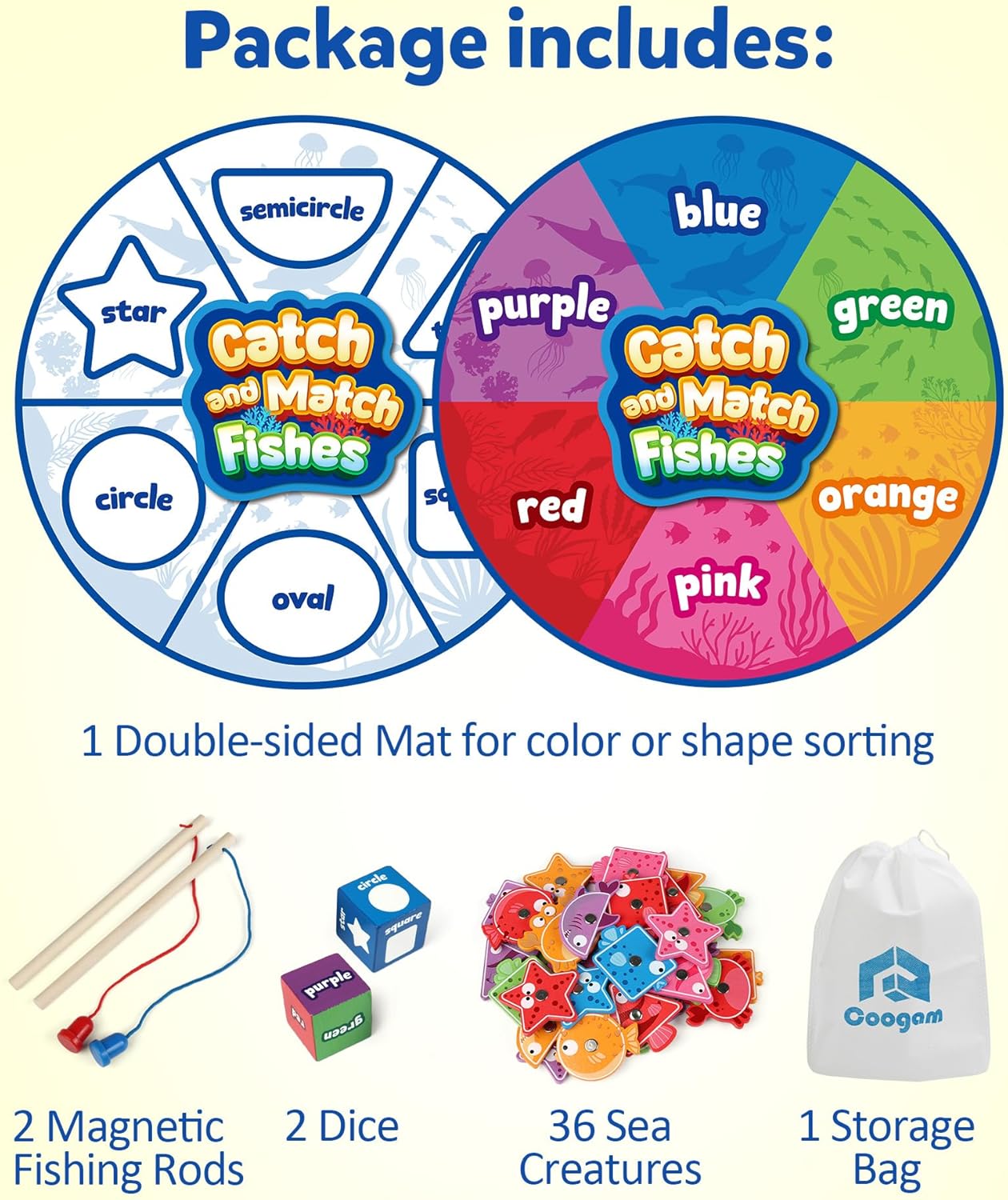 Coogam Montessori Toy for Toddlers, Fine Motor Skill Wooden Magnetic Fishing Game for Year Old Kids, Color and Shape Sorter for Age 3 4 5 Girls Boys Preschool Educational Gift