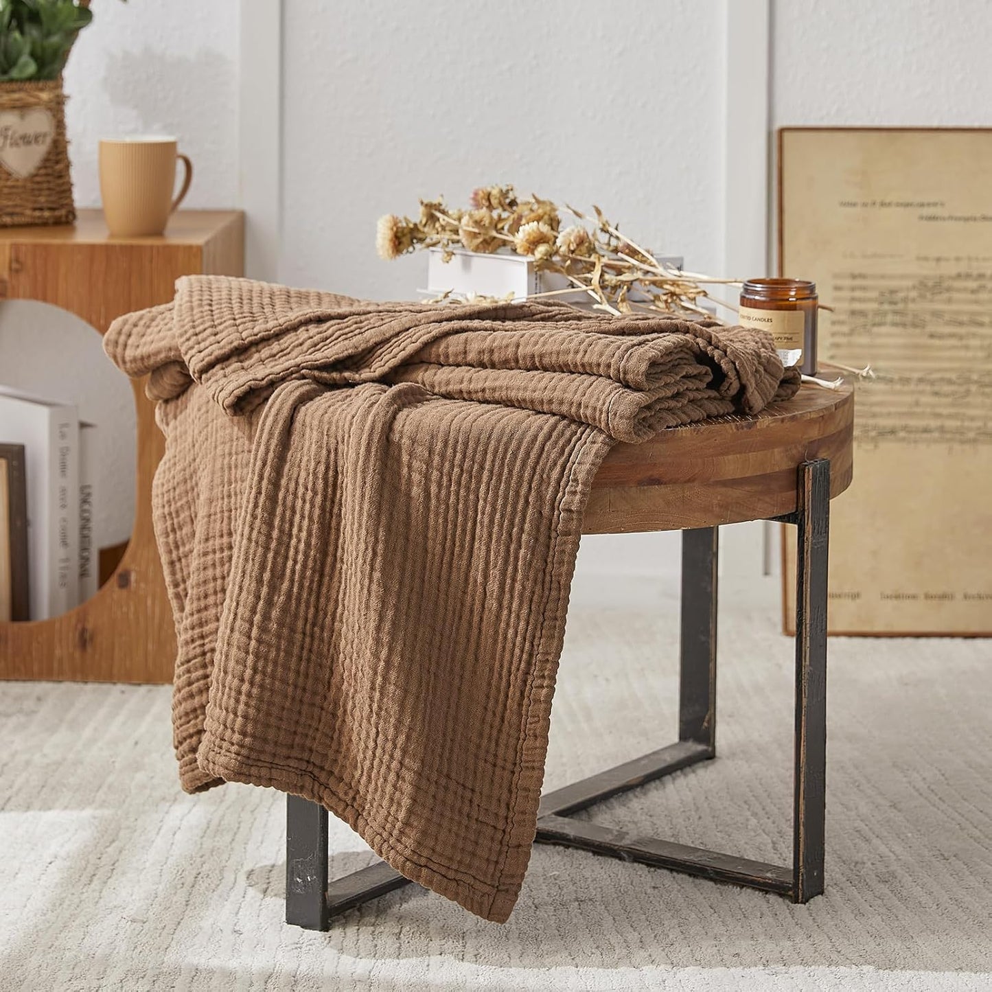 EMME Cotton Muslin Twin Blanket Breathable Gauze Blanket Soft Lightweight Blankets Adults Gifts for Women (Brown, 60"x80")