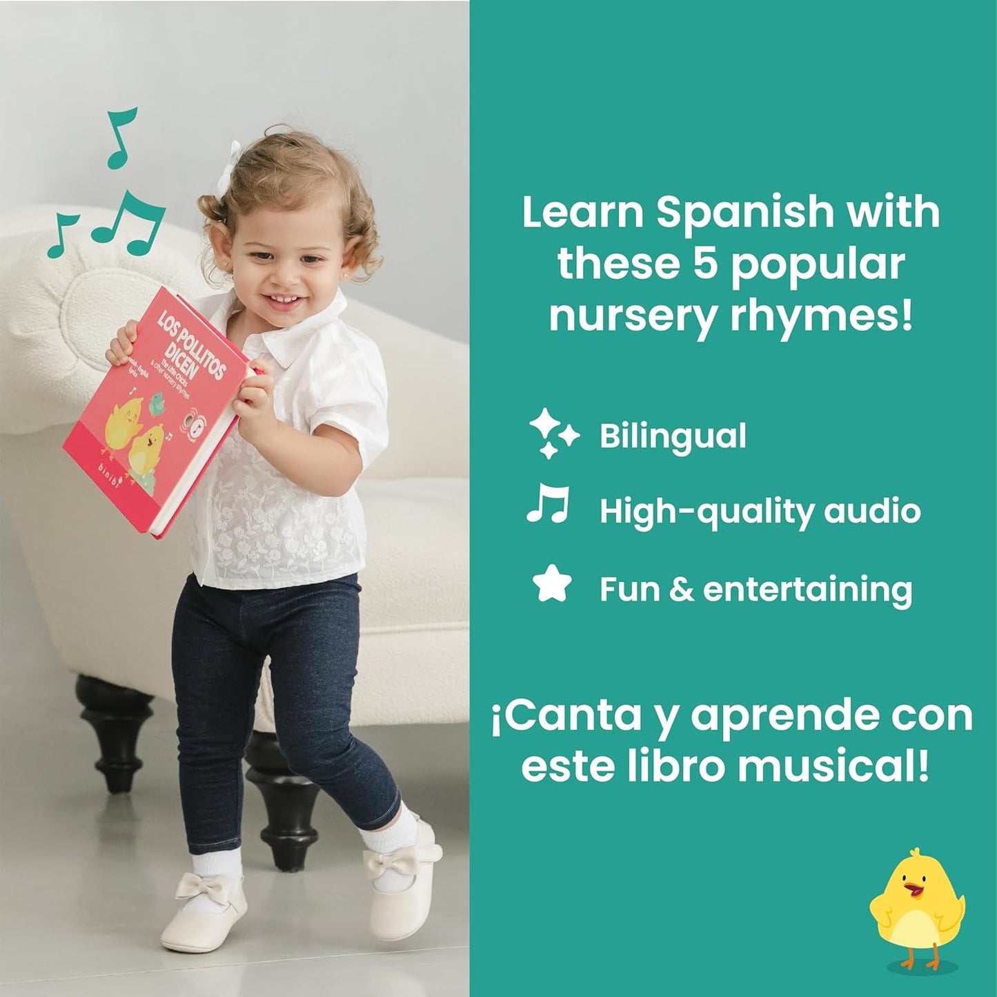 Binibi Spanish Musical Book for Babies & Toddlers 1-3 Los Pollitos Dicen & Other Nursery Rhymes | Spanish Learning for Kids | Bilingual Children's Book | Sound Book | Libro en espaรฑol para bebรฉs