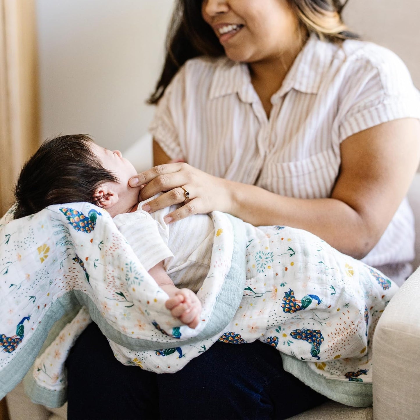 Little Unicorn Newborn Receiving Quilt | Ultra- Soft, Multi-Layered Muslin Fabric | Gift for Newborns & on-The-go (Peacock)