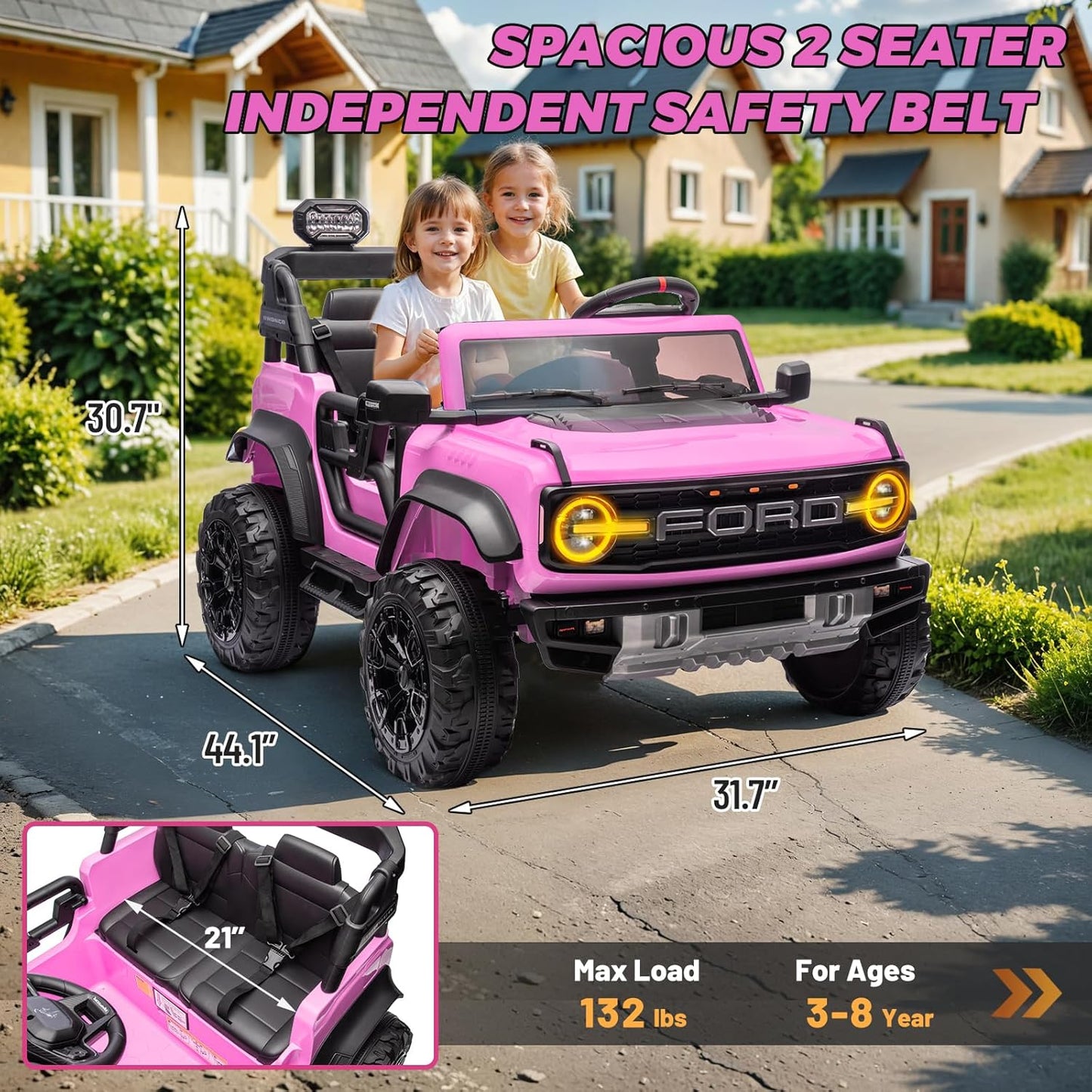 ENYOPRO 24V Ride On Toys for Big Kids, Licensed Ford Bronco Raptor 2 Seater Kids Electric Vehicle, Battery Powered Ride On Car Jeeps w/Remote Control, Bluetooth, 3 Speed, LED Lights for Ages 3+, Pink