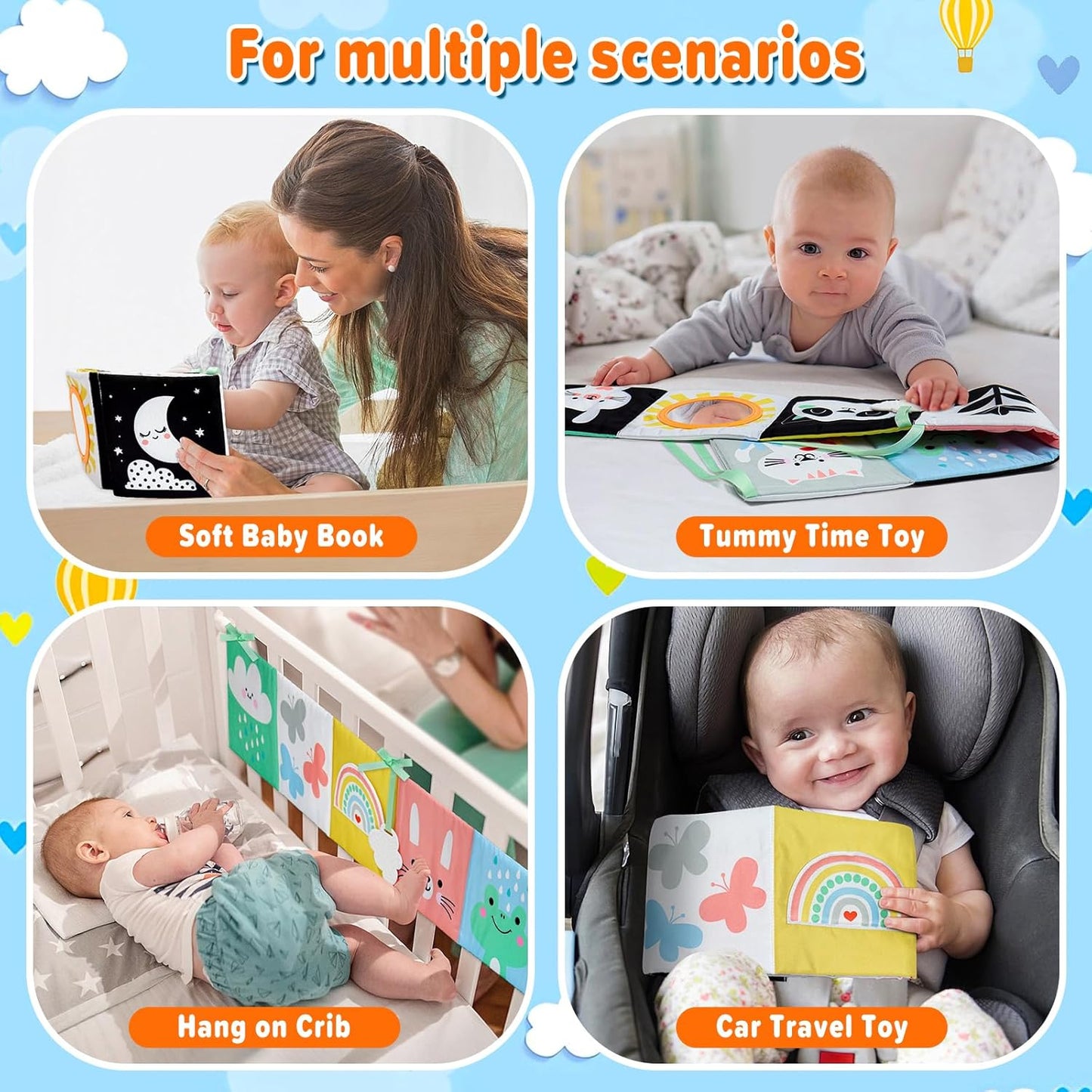OKOOKO Black and White Baby Book, High Contrast Toy, 0-6 Months Baby Soft Book Tummy Time Montessori Sensory Toy for Stroller Early Education for 0-6 6-12 Months Newborn Infant