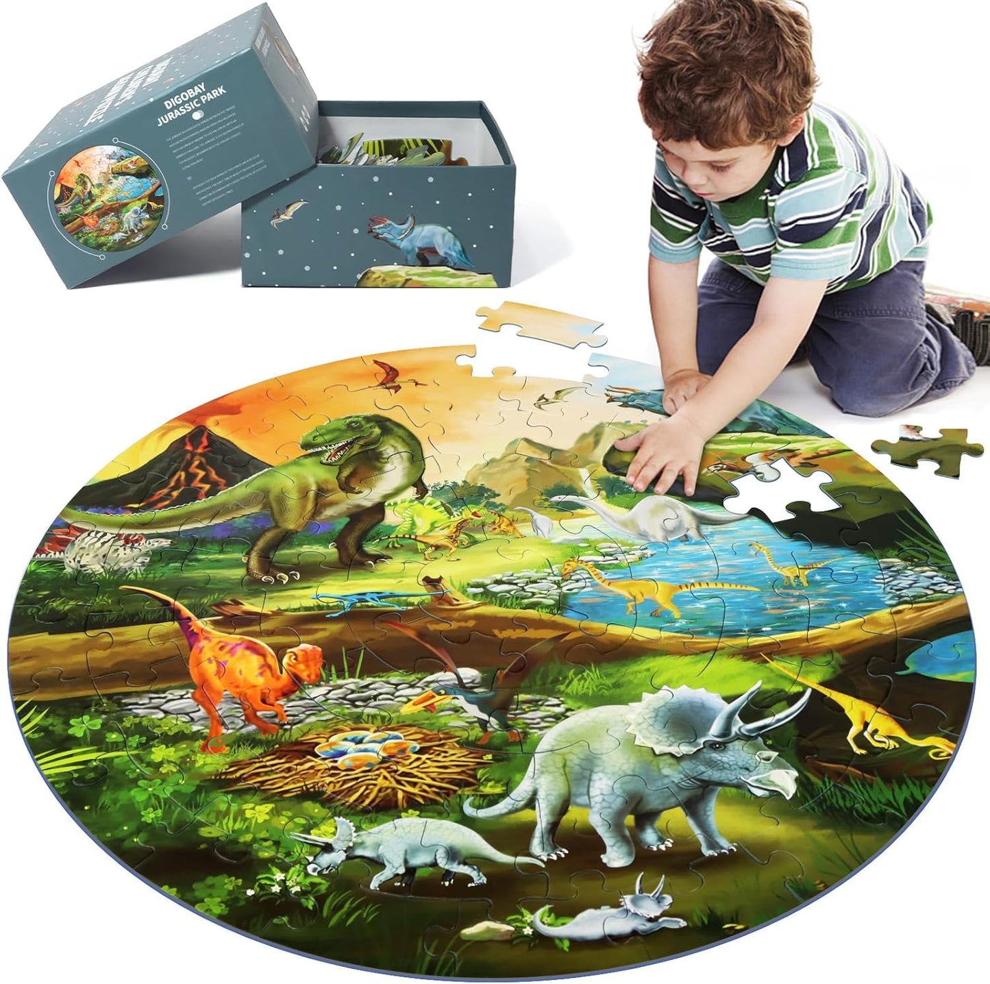 Floor Puzzles for Kids Ages 3-8, 70 Piece Dinosaur Jigsaw Puzzle for Kids Ages 3+ Year Old Large Round Toddler Puzzles Preschool Learning Educational Toys Gift for Boys Girls (Tyrannosaurus)