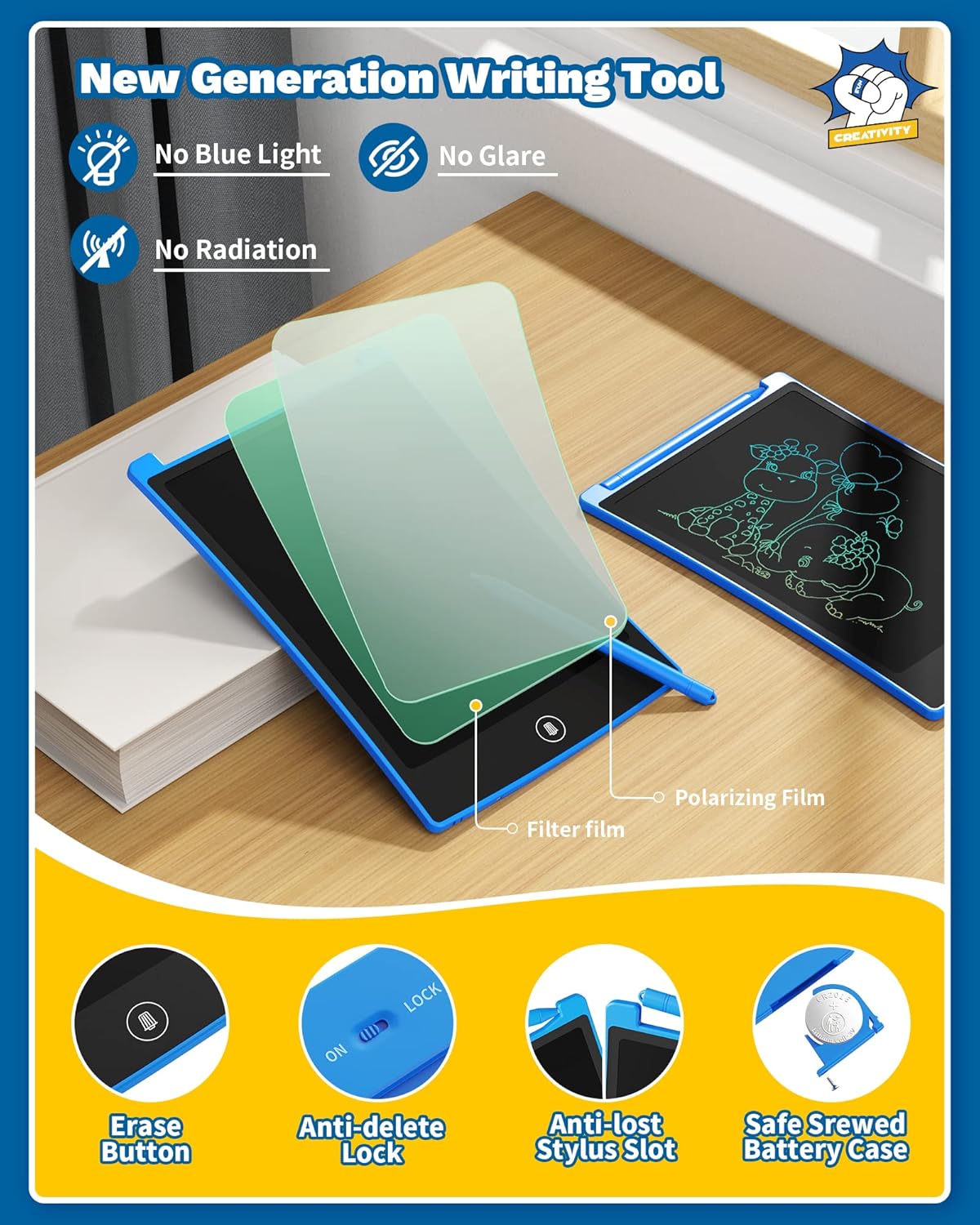 TEKFUN 2 Pack LCD Writing Tablet with Stylus, 8.5in Erasable Doodle Board Mess Free Drawing Pad for Kids, Car Trip Educational Toys Birthday Christmas Gift for 3 4 5 6 7 Girls Boys (2*Blue)