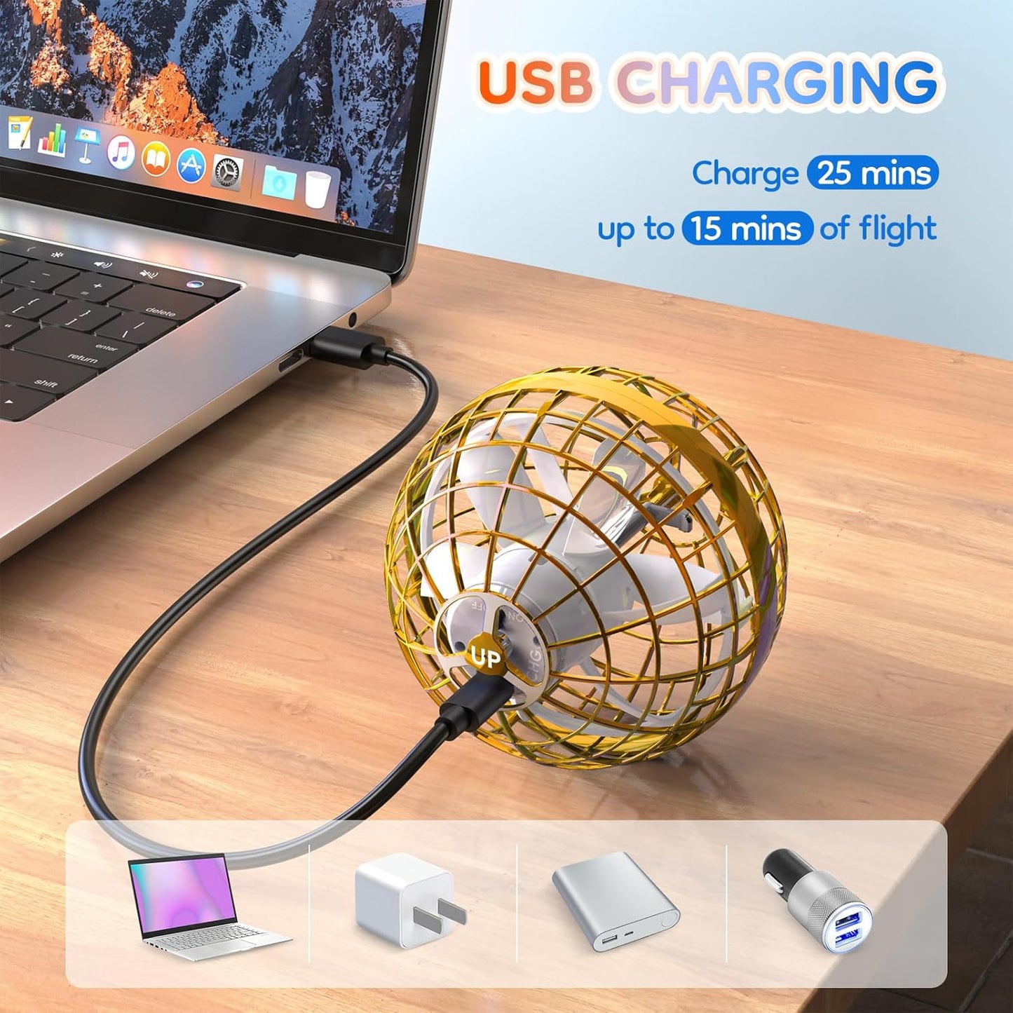 TOMZON Galazy Ball Flying Orb Ball for Boys Girls, Hover Ball Boomerang Fidget Spinner, Drone for Kids with Colorful Light Flying Spinner, A32 Yellow