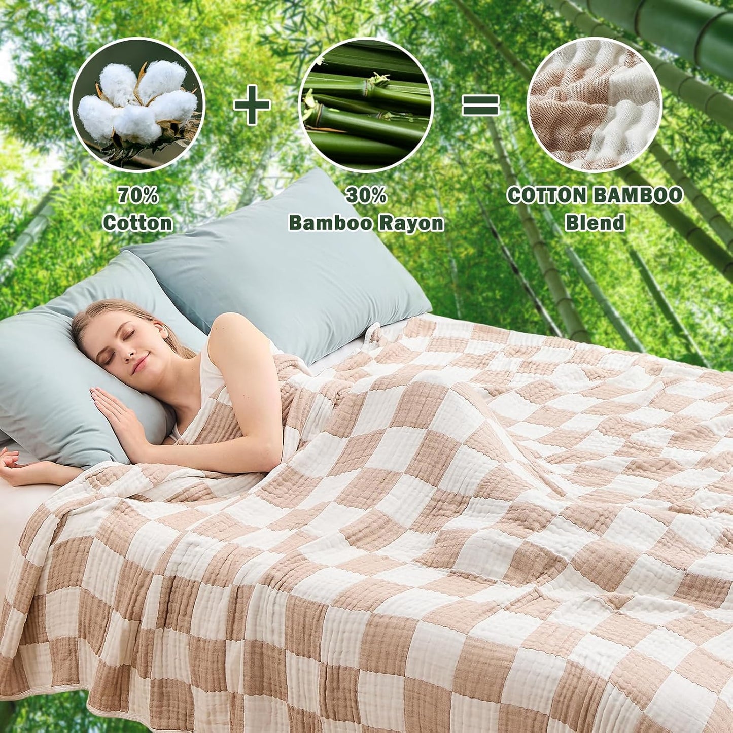 EMME Checkered Throw Blanket Cooling Cotton Blanket for Couch Soft Muslin Blankets 50"x60" Lightweight Breathable Cooling Soft All Season Gauze, Light Tan