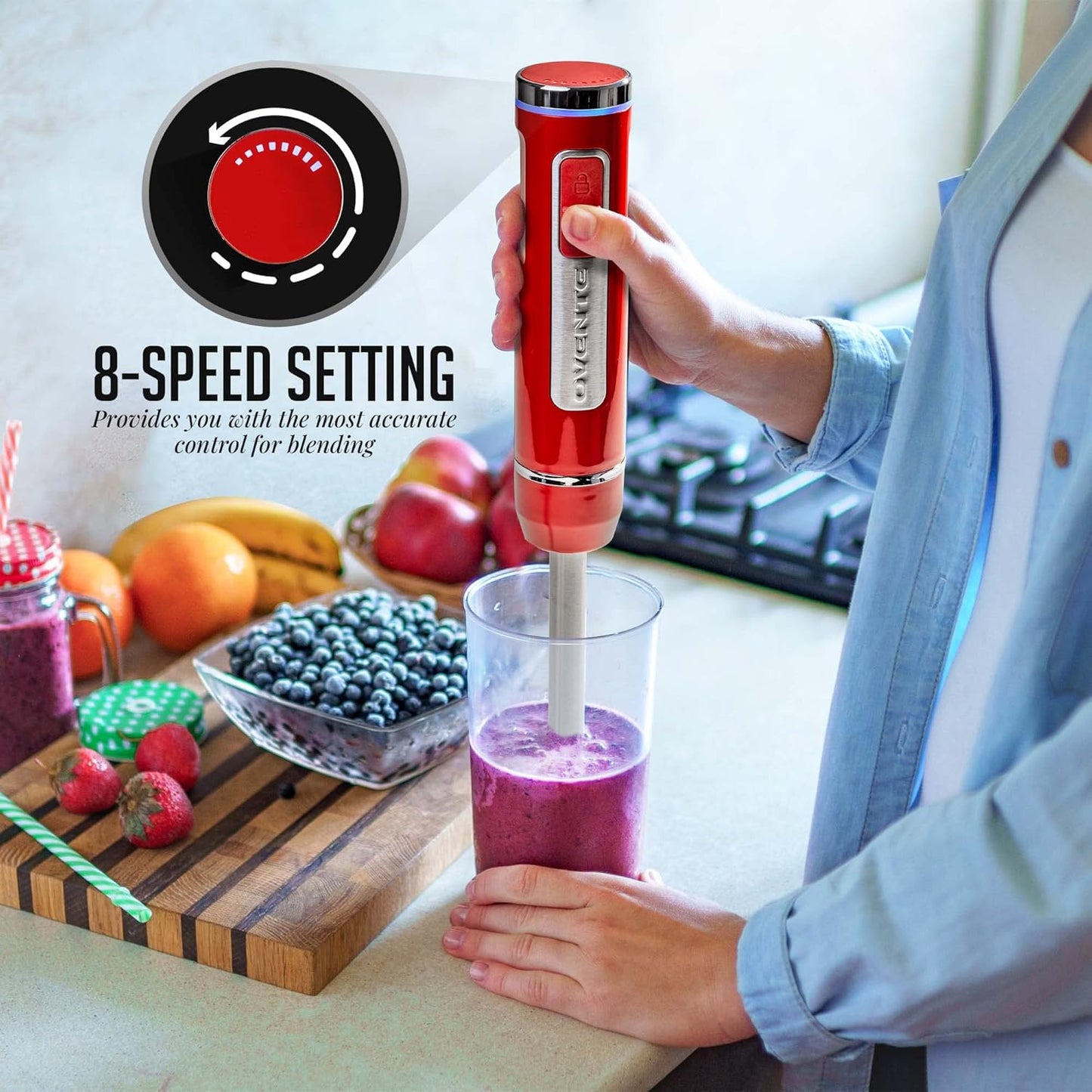 OVENTE Cordless Immersion Hand Blender, Rechargeable Handheld Portable Stick Mixer with 8 Mixing Speed Option, One-Touch Control and Stainless Steel Blades for Smoothies, Shakes or Soups, Red HR781R