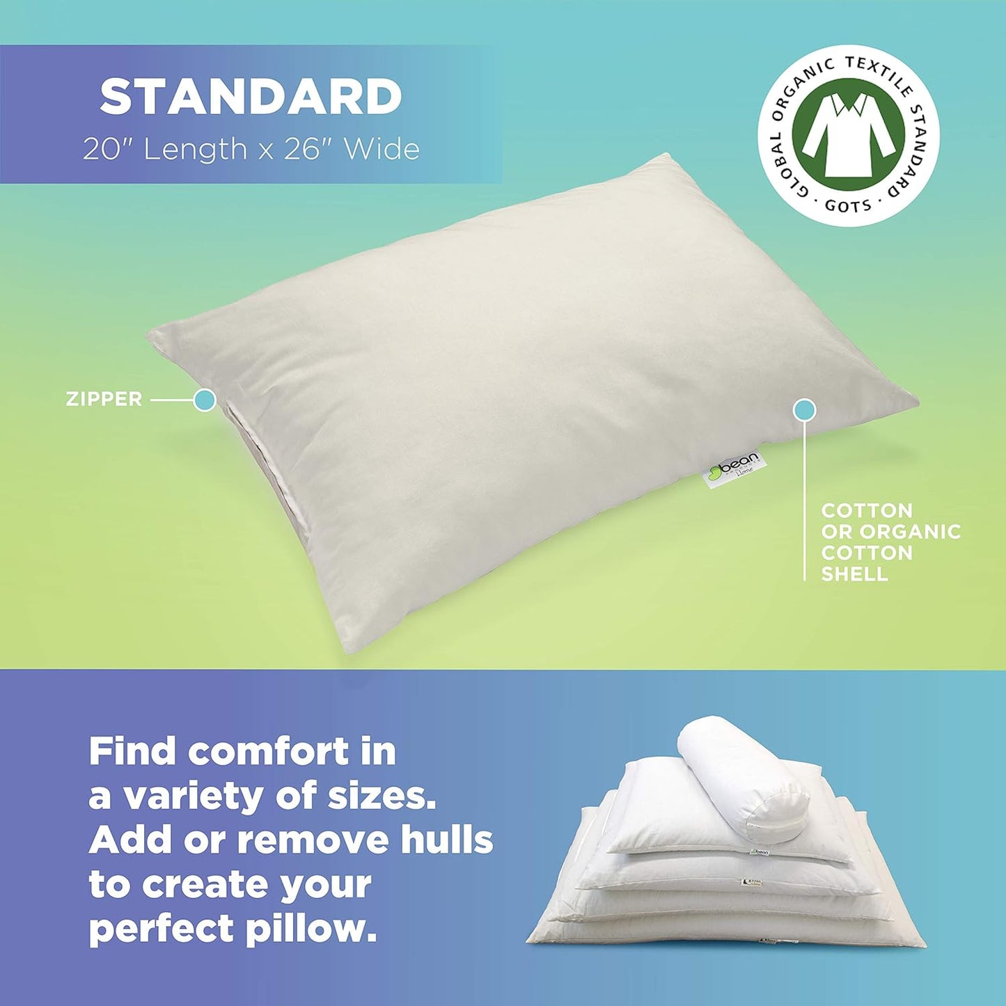 Bean Products 20" x 26" Standard Bed Pillow for Sleeping β Organic Millet Fill with Organic Cotton Fabric, Soft Head Pillow β Eco-Friendly, Breathable, and Durable Sleep Aid, Made in The USA