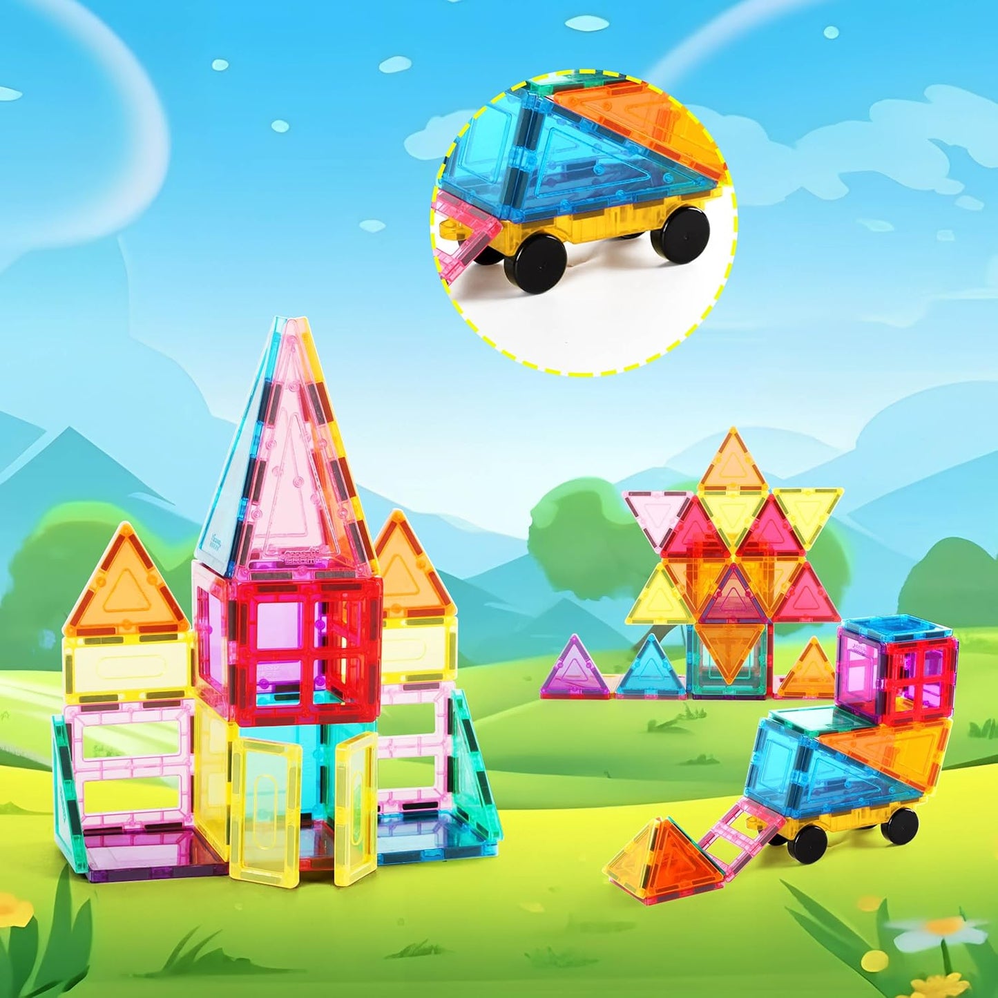 PicassoTiles Magnet Tile Building Blocks with Car Base Drawstring Storage Travel Bag Carry Case Magnetic Tiles Construction Toy STEM Learning Educational Kit Sensory Playset Preschool Kids 3+ PC61