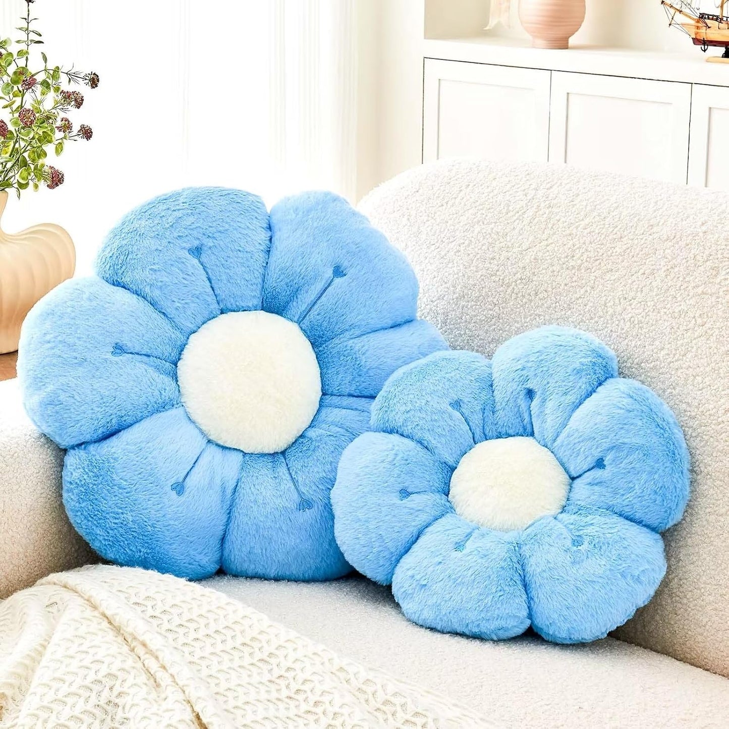 Flower Pillow, Cute Flower Shaped Decorative Pillow, Soft Rabbit Fur Daisy Pillow Home Decor Floor Seating Cushion for Bedroom Living Room (Blue 14.9 Inch)