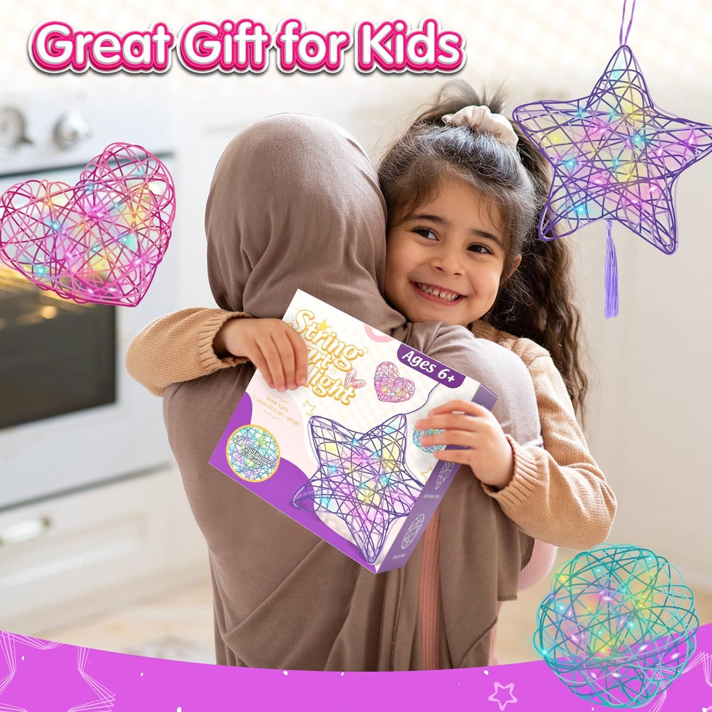 ESOXOFFORE 3D String Art Kit for Kids,Christmas Birthday Gifts for 8 9 10 11 12 Year Old Girls Boys,Arts and Crafts for Girls Ages 8-12 Heart Star Round Lantern Toys 20 Multi-Colored LED Bulbs