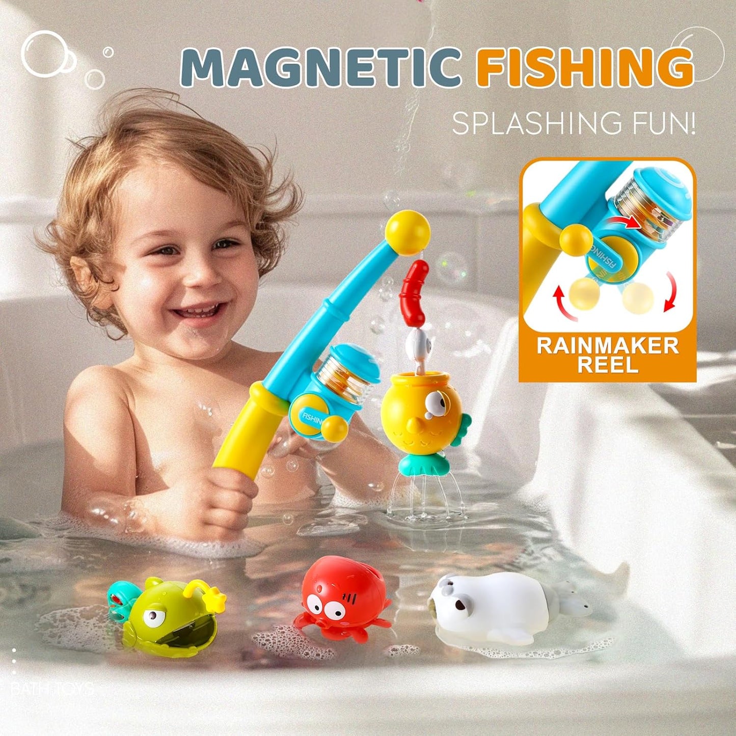 Bath Toys for Kids, Magnetic Fishing Toys with Storage Bag and Light up Star, Wind Up Creatures Baby Bathtub Birthday Gifts for Toddlers 2-4 Boys Girls, 11 Pcs Set