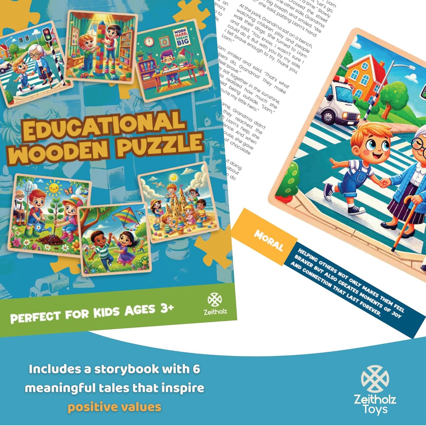 6 Educational Wooden Puzzles & Storybook, Teaches Kindness, Empathy & More β 6 in 1 Jigsaw Puzzle for Kids Ages 3-7 β Learn Real Values Through Stories β Montessori Puzzle Set 25 Pieces