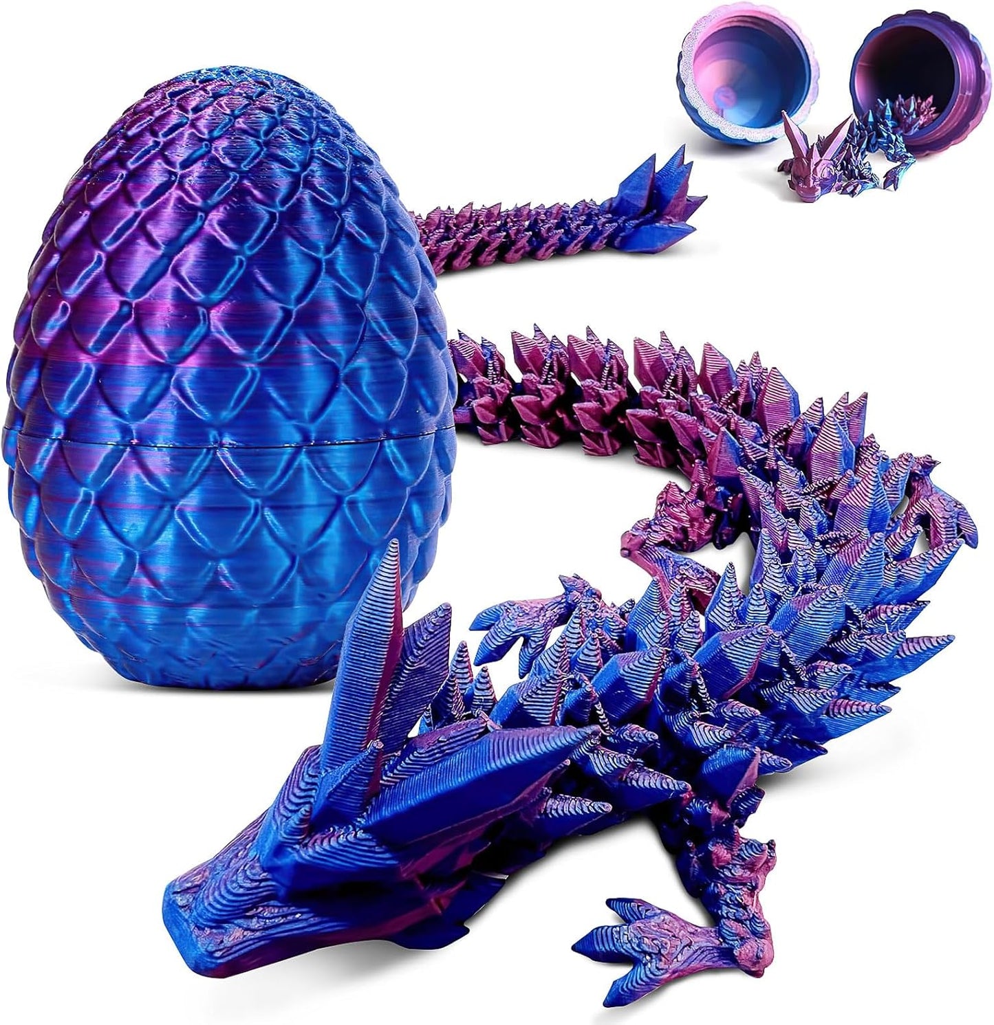 Easter Eggs 3D Printed Dragon in Egg, Full Articulated Dragon Crystal Dragon with Dragon Egg, Flexible Crystal Dragon Fidget Toys for Adults Easter Basket Stuffers Kids Party Favors (12",Laser Purple)