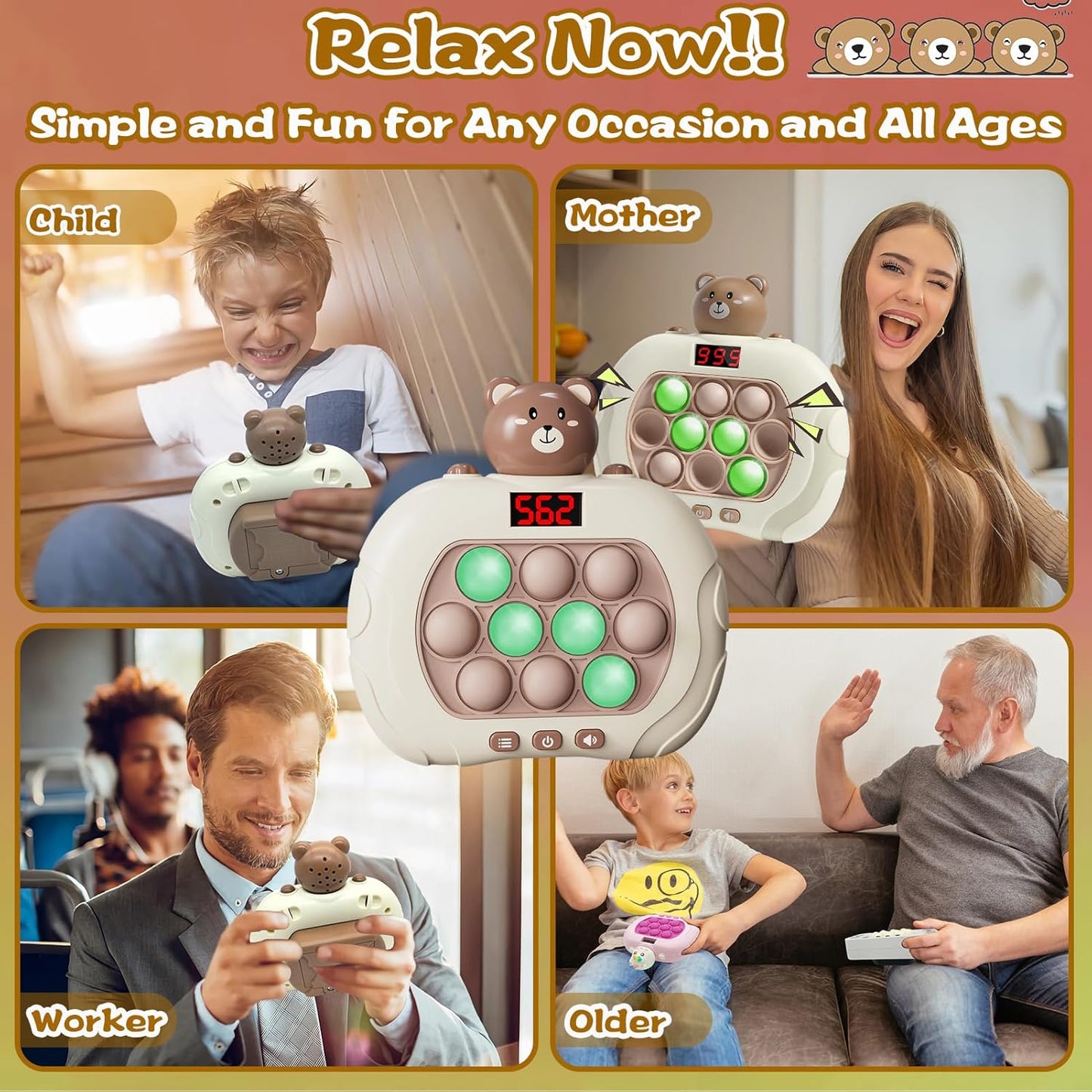 Fast Push Game Handheld Game for Kids 6-12, Sensory Fidget Toys for Kids 8-12, Birthday Gifts for 6 7 8 9 Year Old Boys & Girls & Teens (Bear)