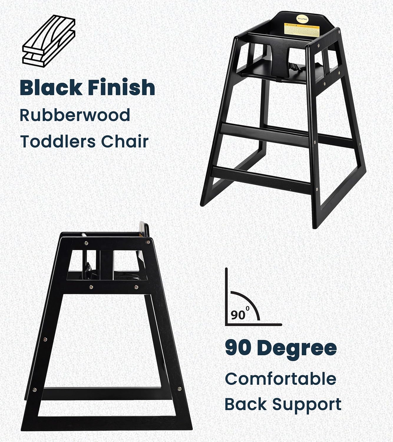 Alpine Wooden High Chairs for Babies and Toddlers with Safety Strap, Commercial Grade Restaurant High Chair, Durable Wood Space Saver Baby Feeding Chair, Ideal for Dining Spaces (2 Pack, Black)