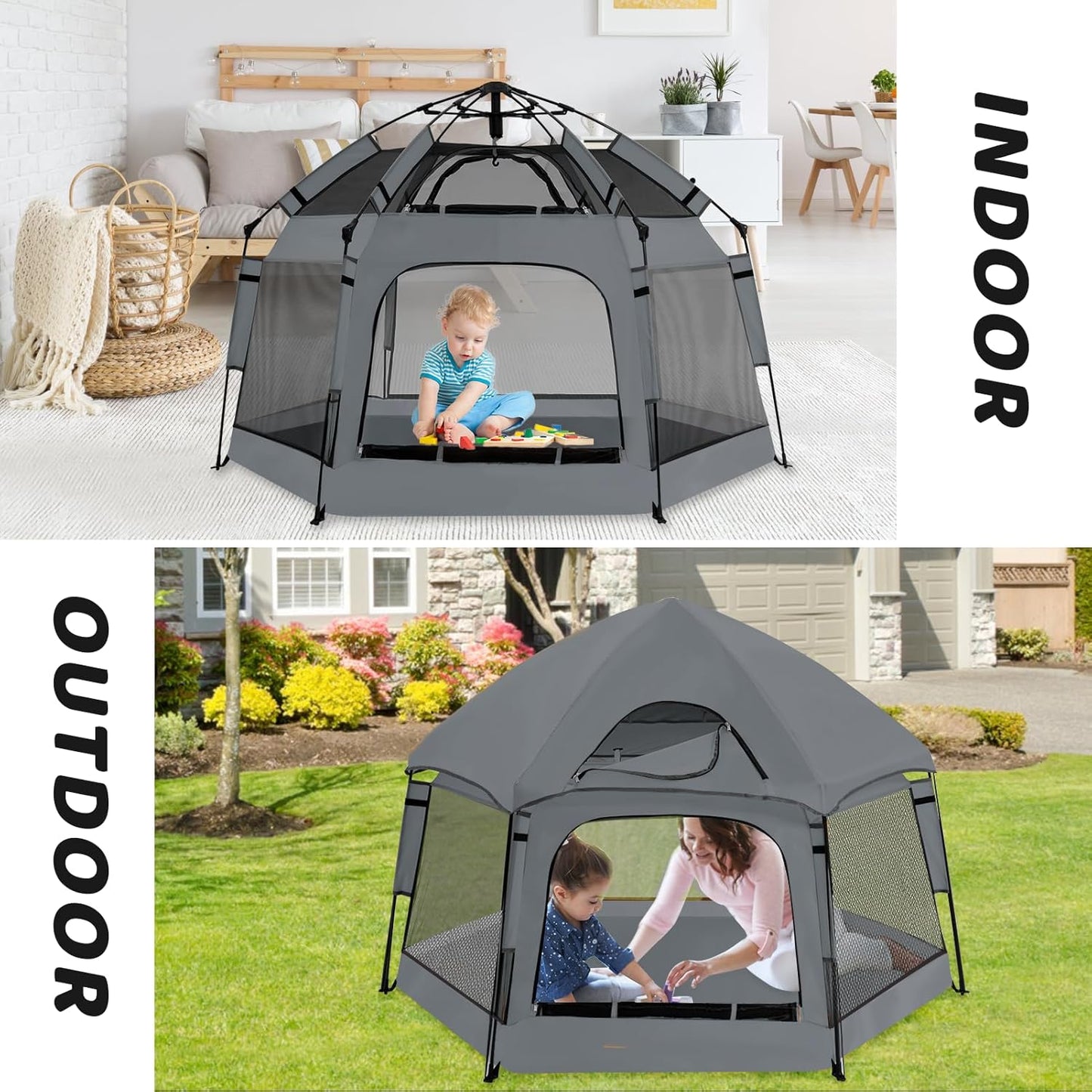 Pop Up Playpen for Babies with Canopy & Safety Lock - Outdoor Baby Playpen with 6 Ground Stakes & 6 Sand Stakes, UV Protection & Carry Bag, Instant Beach Tent for Indoor/Outdoor Use(Grey)