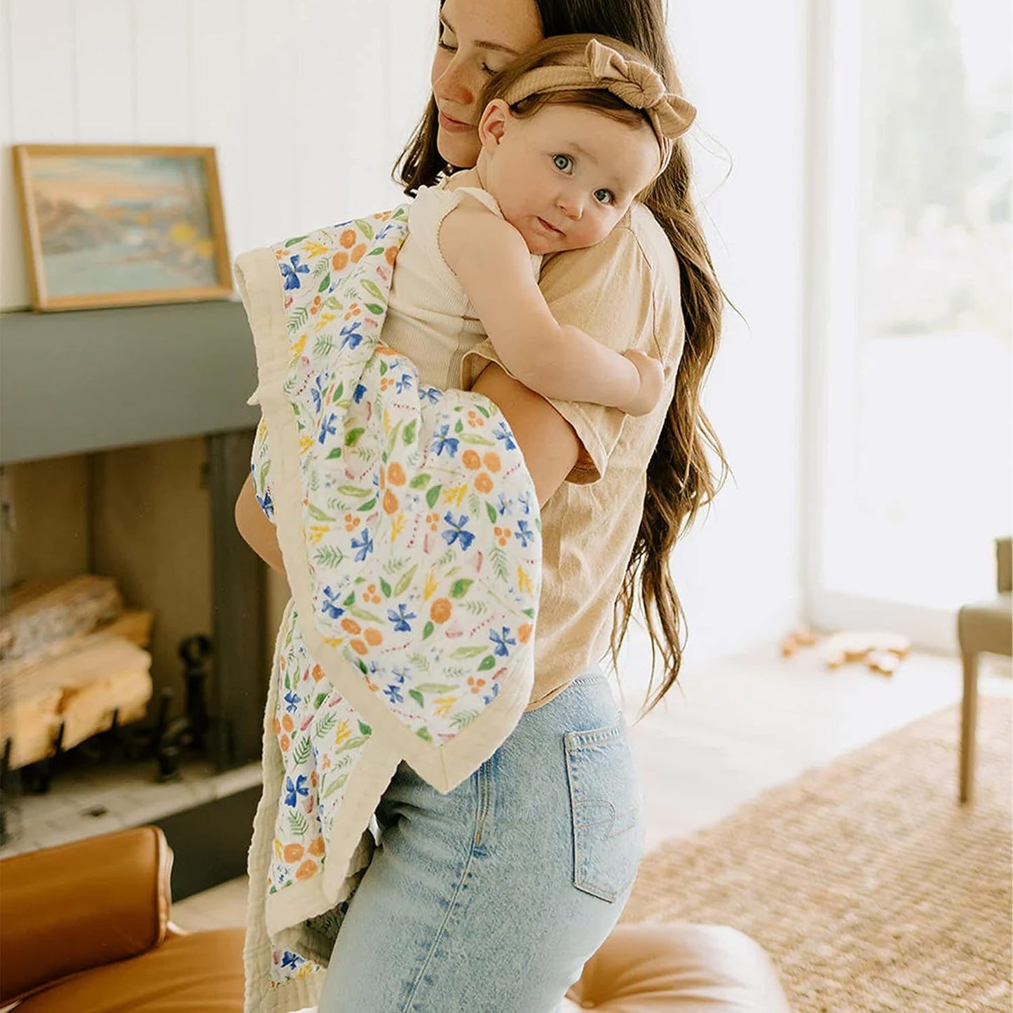 Little Unicorn Newborn Receiving Quilt | Ultra- Soft, Multi-Layered Muslin Fabric | Gift for Newborns & on-The-go (Mountain Bloom)