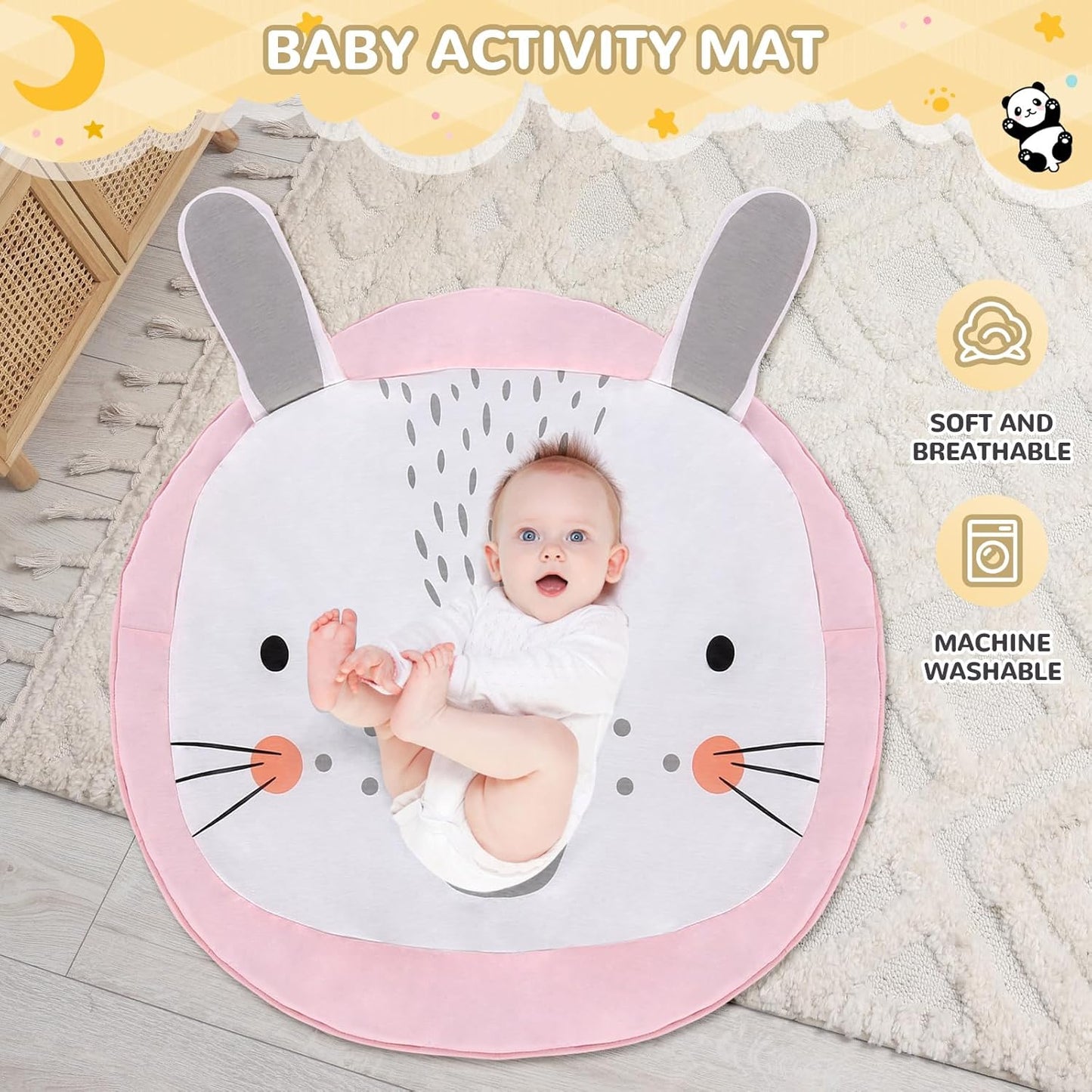 Wooden Play Gym with Mat, Foldable Baby Activity Gyms for Infants Newborn Baby Girl and Boy, Tummy Time Baby Infant Toys 0-6 6-12 Months (Rabbit)