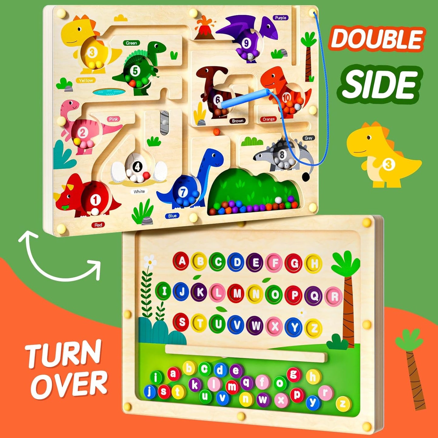 2 in 1 Magnetic Color and Number Maze Double-Sided ABC Alphabet Puzzles Board Magnet Dinosaur Counting Maze Preschool Learning Montessori Education 3 4 5 Years Toys