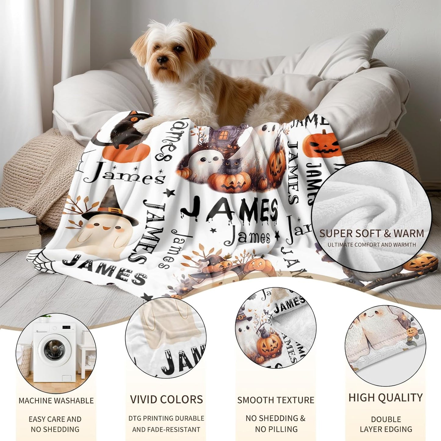 Ship Next Day, Custom Halloween Blanket - Printed in USA, Personalized Baby Blankets with Name, Gift for Kids Boys Girls, Unique Present for Birthday, Christmas, Halloween Bats Toddler Blanket