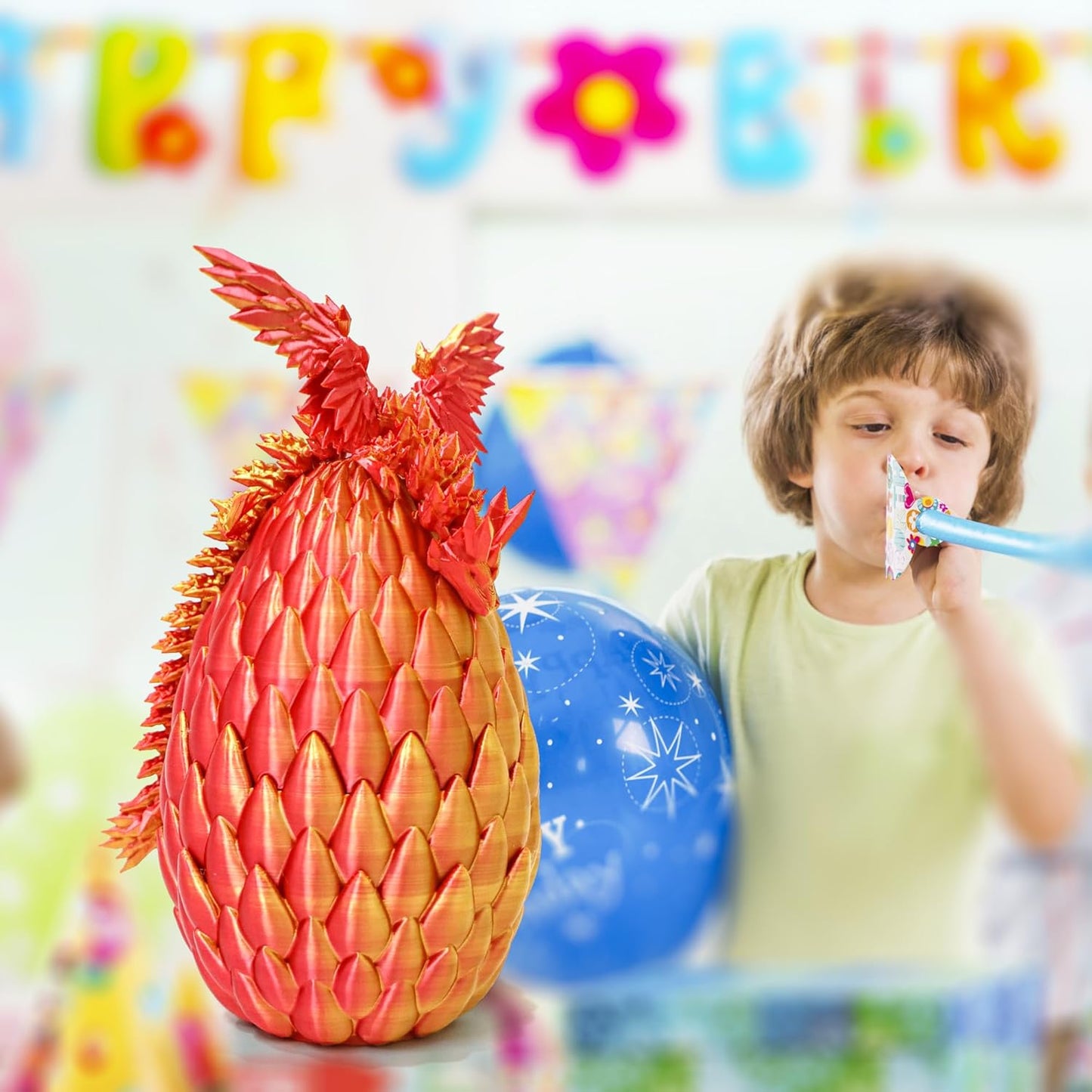 3D Printed Flying Dragon in Egg - Red Mix Gold - Surprise Egg with Flexible Winged Dragon Inside, Mystery Beautiful Fidget Toy, Birthday Gift, Desk Figure Decor