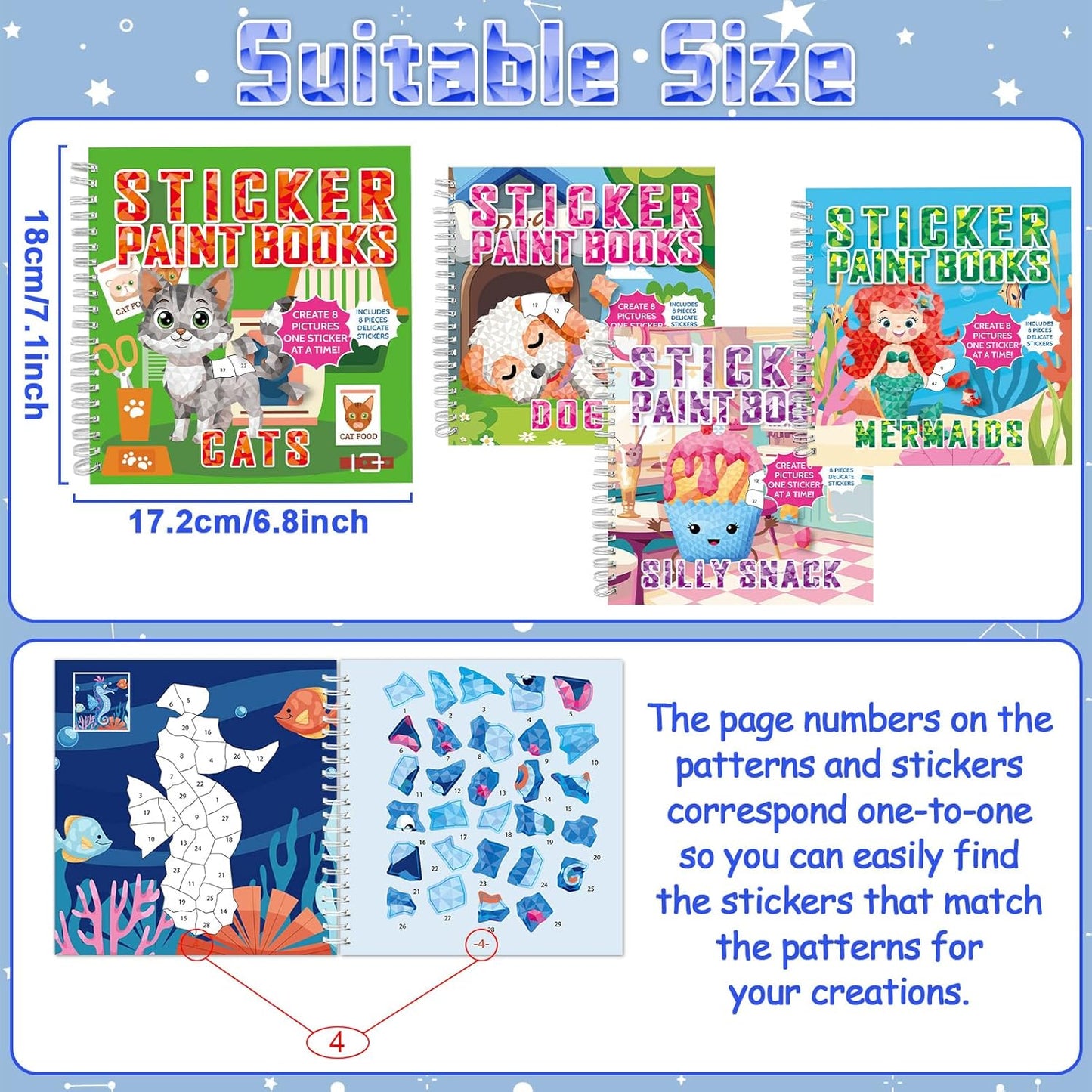 gisgfim 4Pcs Paint by Sticker Books Sticker by Number Books Activity Puzzle Book Craft Art Gift with Mermaid Cat Dog Silly Snack 32 Pictures Sticker by Number Book Set Party Favors