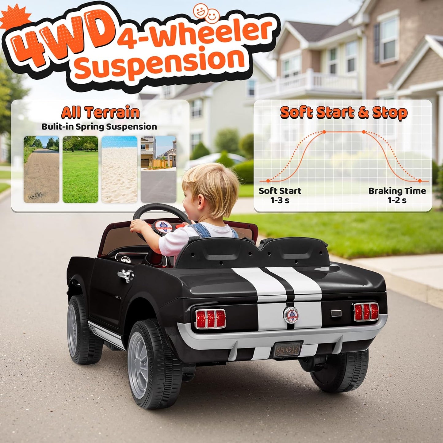 24V 2 Seater Ride on Toys, Licensed Shelby Cobra Kids Power Car Wheeler Ride On Toy w/ 2WD/4WD Switchable, Remote Control, 19" Spacious Seat, 4 Spring Suspension, Music, Bluetooth