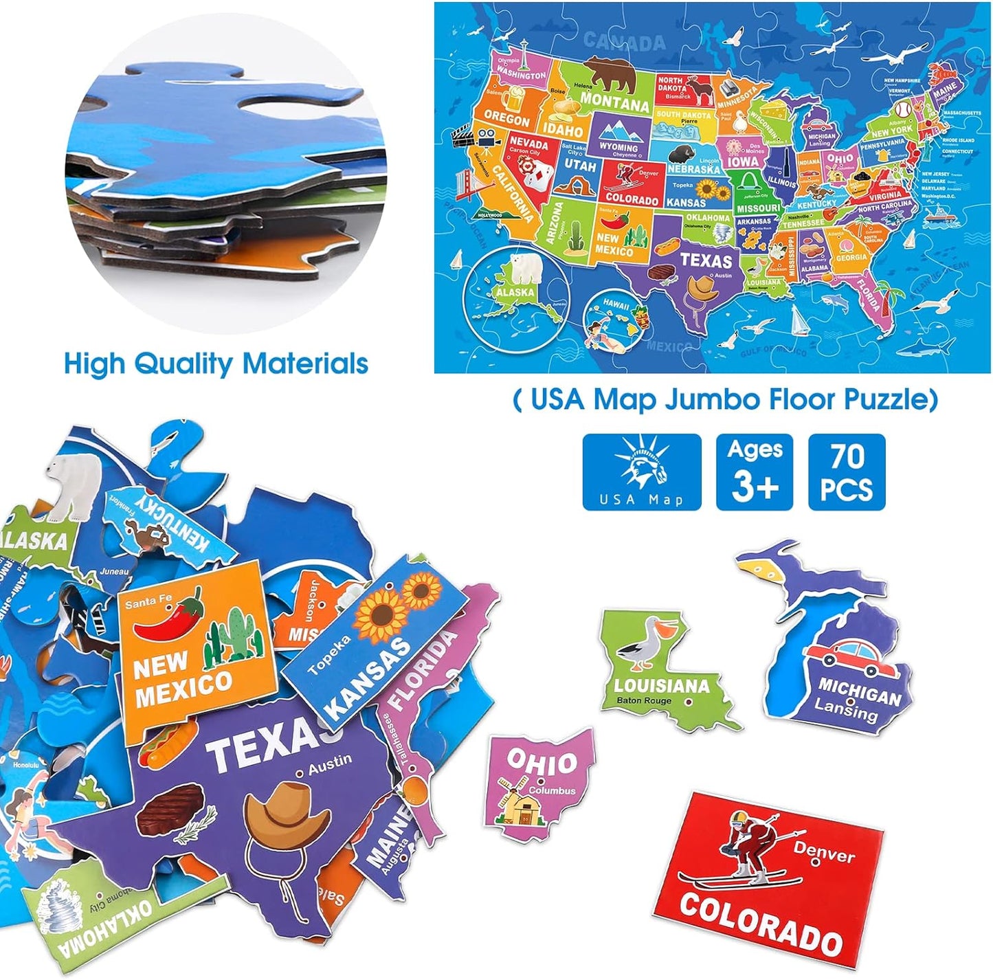 Jumbo Floor Puzzle for Kids,USA Map Puzzle Jigsaw Geography Puzzles,70 Piece US Map 50 States with Capitals,United States Puzzle for Ages 3-5,Preschool Learning Toys Gift for 4-8 Years Old