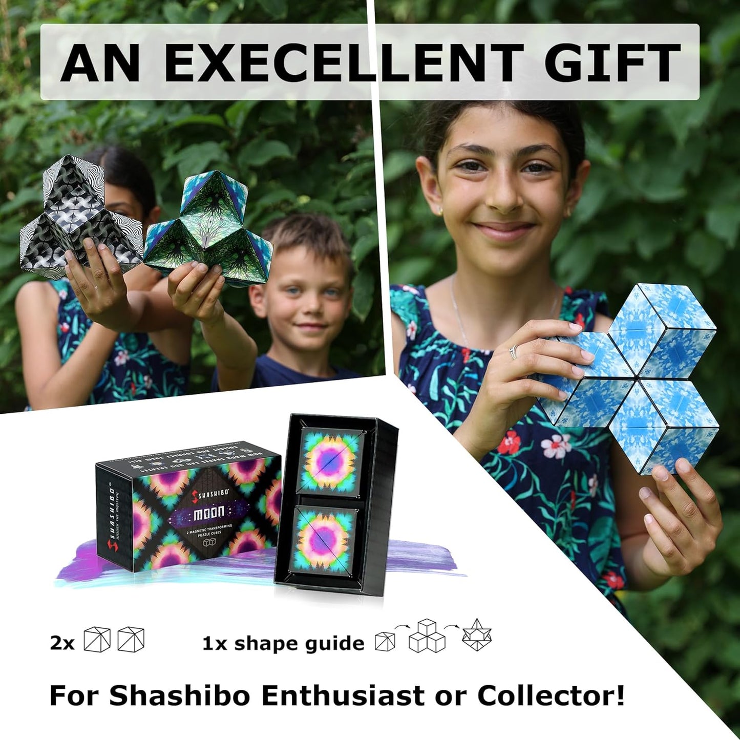 SHASHIBO Shape Shifting Box - Award-Winning, Patented Fidget Cube w/ 36 Rare Earth Magnets - Transforms Into Over 70 Shapes, Gift Box, Download Fun in Motion Toys Mobile App (Moon, 2 pack)