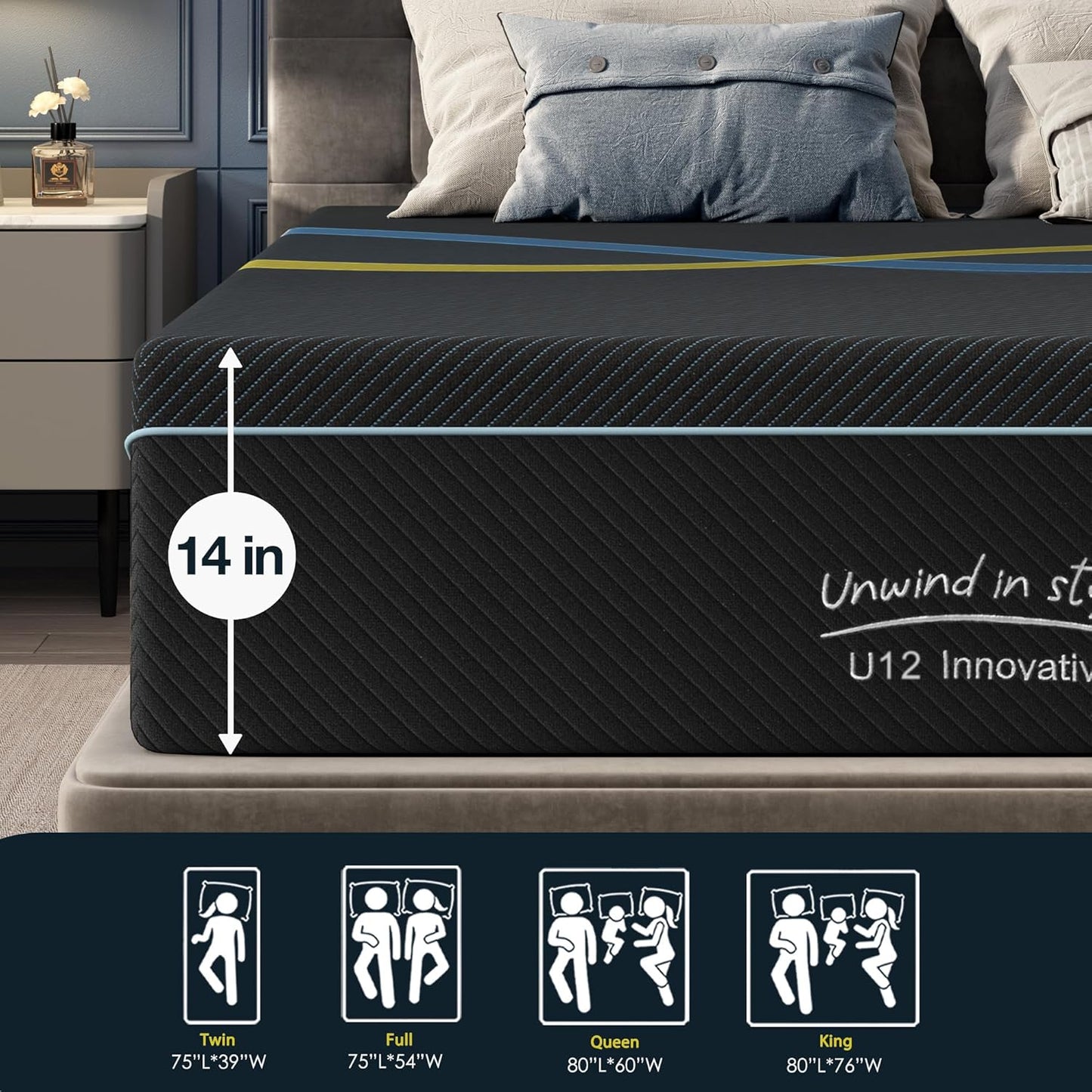 14 inch Queen Mattress Multi-Layer Memory Foam Mattress - Medium Firmness with Bamboo Charcoal & Green Tea Infusion