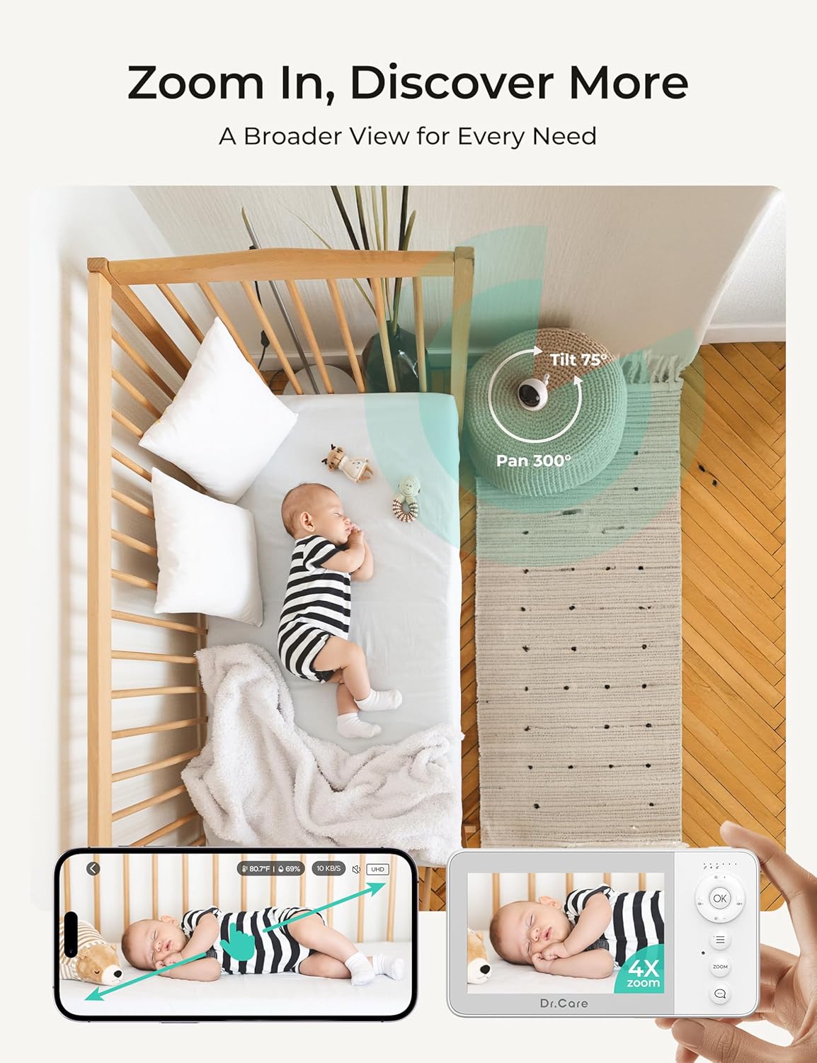VistaView Lite RB Smart WiFi Baby Monitor with 2 Cameras - 4” 720P Split Screen & 1080P Camera App Control, Motion Alerts, 2500mAh Removable Battery, Night Vision, Multi-User, Triple Security