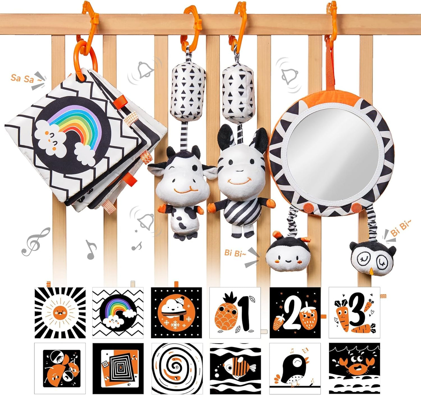 TUMAMA Black and White Baby Toys, High Contrast Tummy Time, Newborn Soft Books Mirror Rattles, Montessori Sensory 0-12 Months, Hanging Infant for Carseat Stroller Play Mat Crib