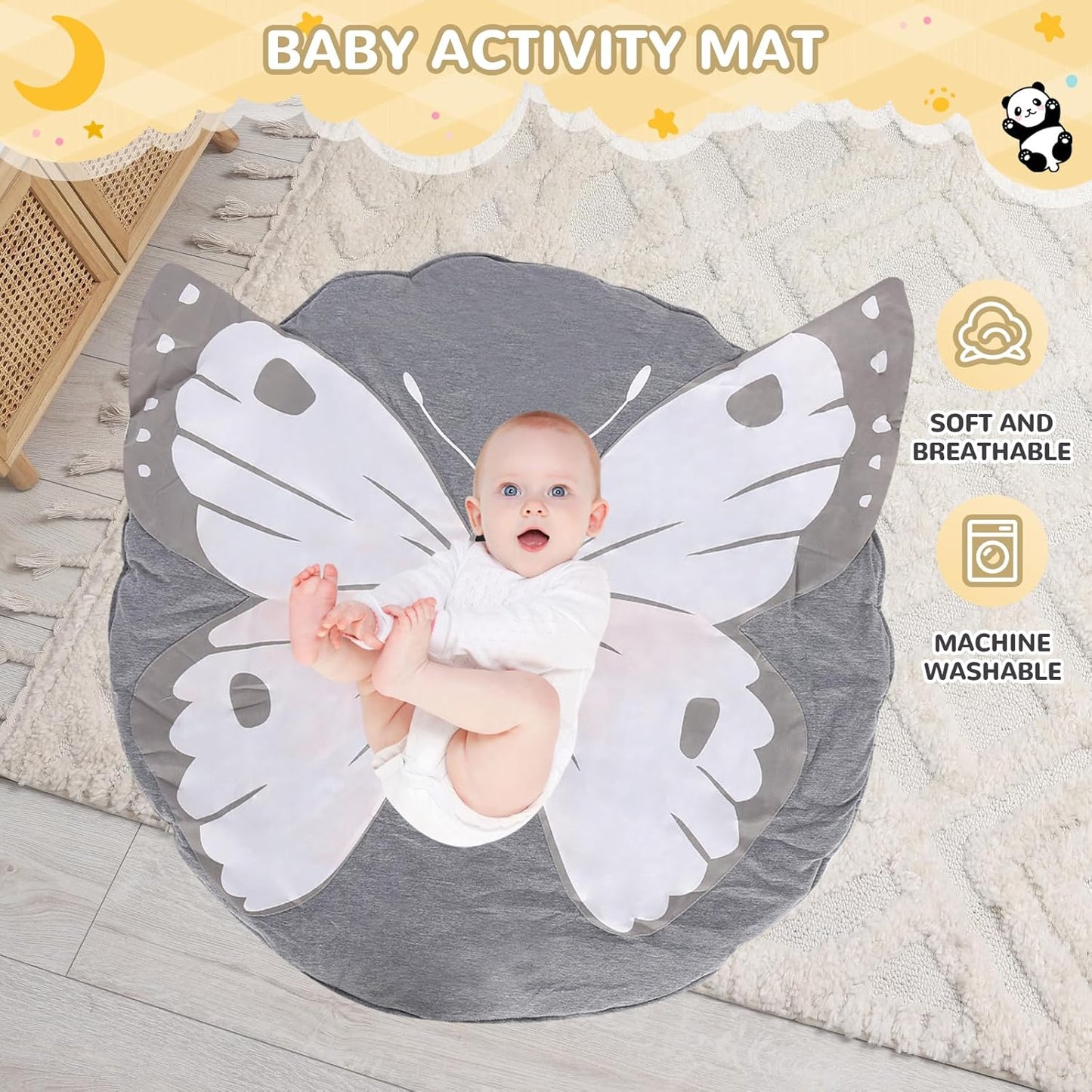 Wooden Play Gym with Mat, Foldable Baby Activity Gyms for Infants Newborn Baby Girl and Boy, Tummy Time Baby Infant Toys 0-6 6-12 Months (Gray)