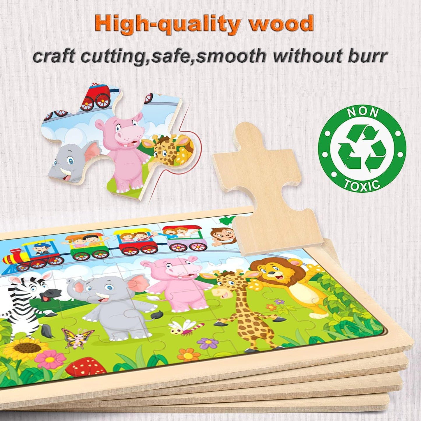 Wooden Puzzles for Kids Ages 4-6, 4 PCs 24 Animals Cars Farm Dinosaur World Jigsaw Puzzles, Preschool Educational Brain Teaser Toys for 3 4 5 6 7 8 Years Old