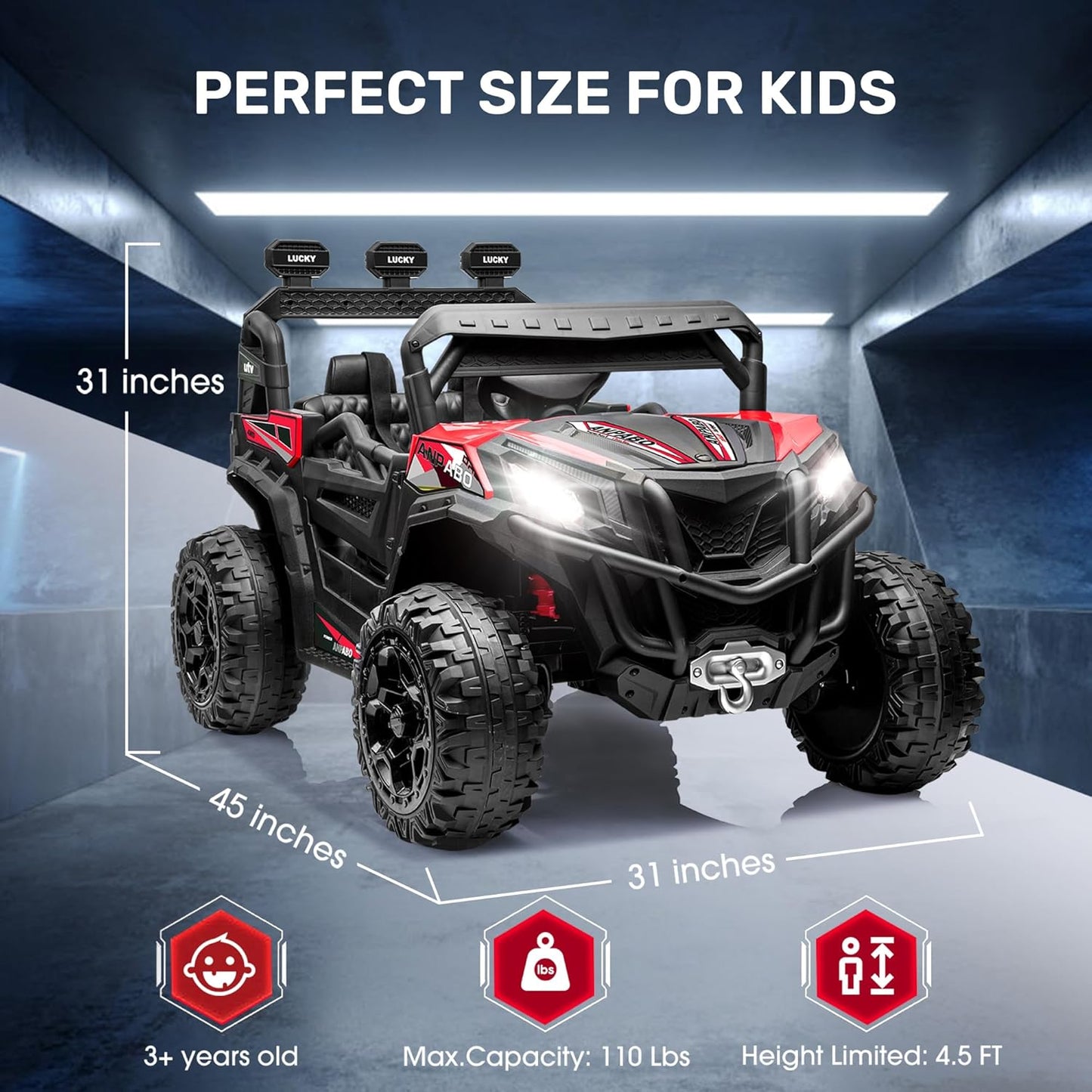 ANPABO 24V 4X4 Ride on Car Truck w/Remote Control, 4WD/2WD Switchable Kids UTV, 19" Spacious Seat, 4 Shock Absorbers, Soft Start, Music Player, Electric Car for Kids Ages 3+(Red)