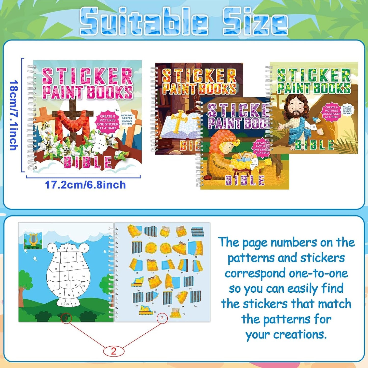 4Pcs Bible Paint by Sticker Books Sticker by Number Books Activity Book Stickers Puzzle Book Christian Craft Art Gift Set Party Favor with Jesus Bible Cross 32 Pictures