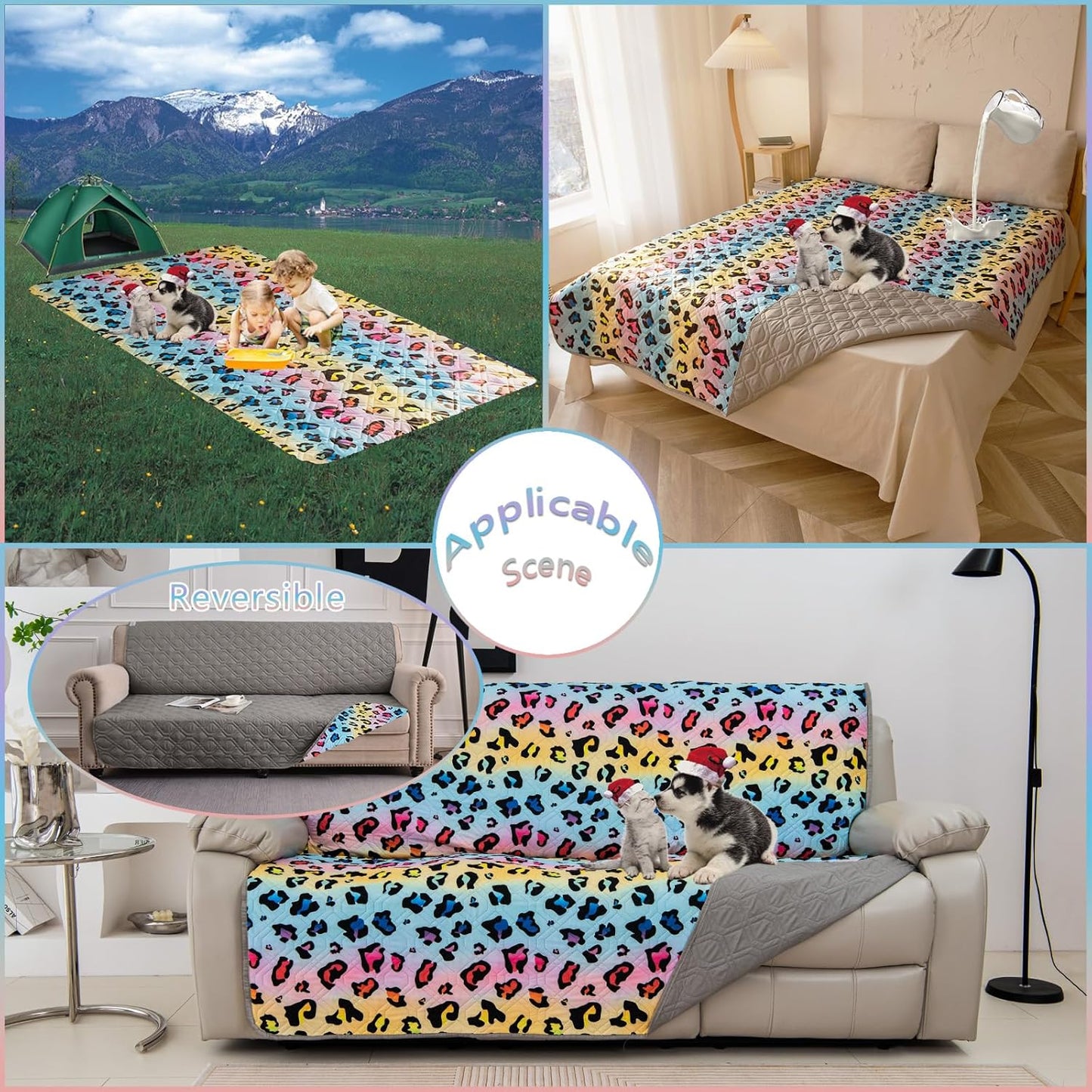 Waterproof Dog Bed Cover 68x82inch Reversible Pad Reusable Camping Mat for Kids/Pet/Dog/Cat Washable Geometric Embroidery Blanket Patchwork Rainbow Leopard Printed+Gray