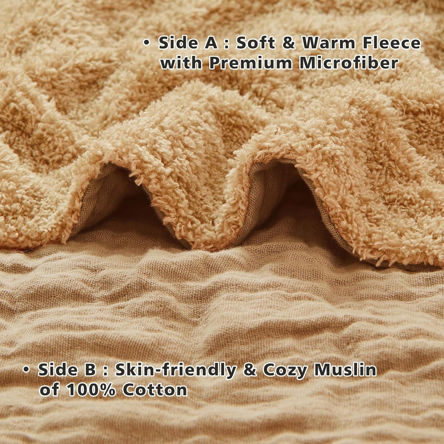 EMME Muslin and Fleece Throw Blanket Reversible - 50"*60" Beige Soft Warm Throw Blankets for Couch Bed Picnic Travel Bed