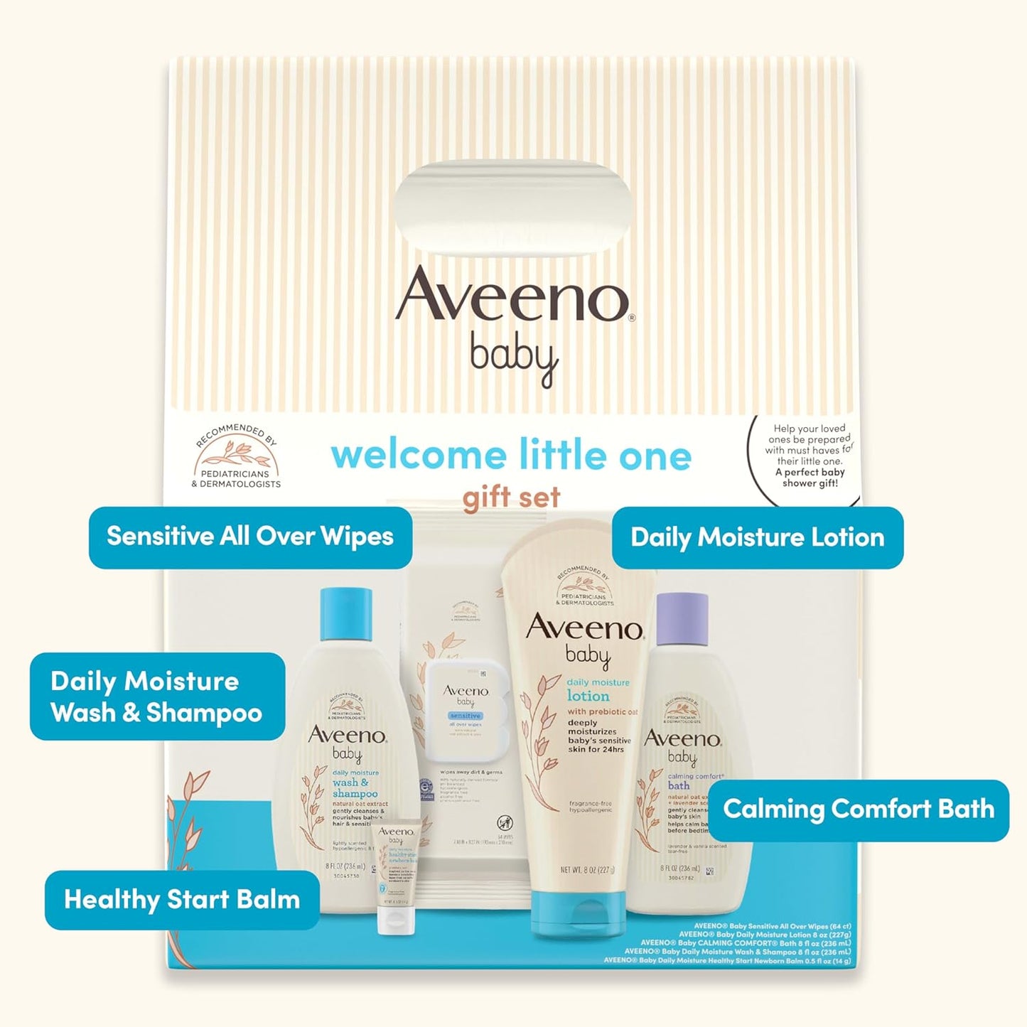 Aveeno Baby Welcome Little One Gift Set, Baby Skincare Set with Nourishing Baby Body Wash & Shampoo, Calming Bath Wash, All Over Baby Wipes, Daily Moisturizing Lotion, & Baby Balm, 5 Items
