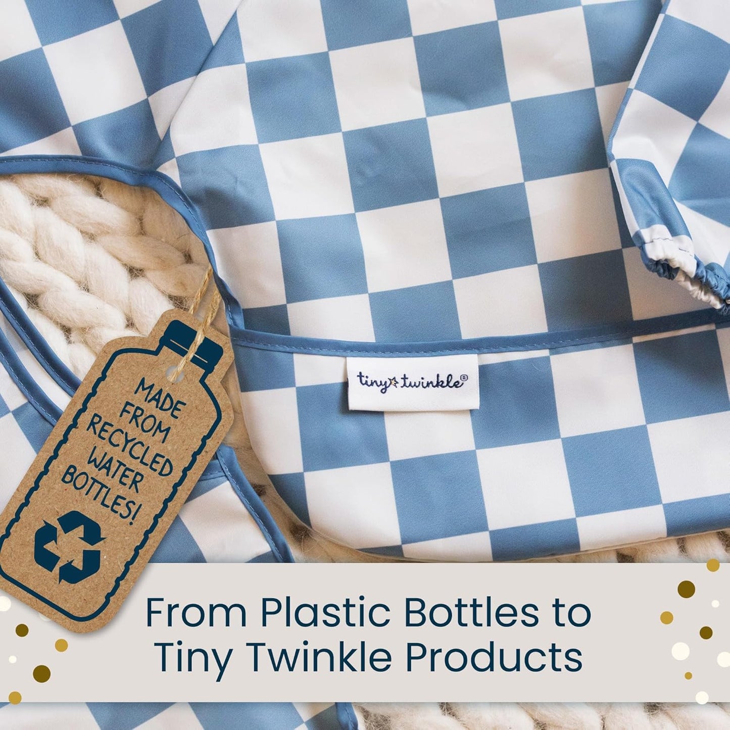 Tiny Twinkle Mess Proof Baby Bib - Waterproof & Lightweight Baby-Led Weaning Apron | 100% Recycled Polyester, Easy Clean & Machine Washable (Blue Checkers, Small 6-24 Months)