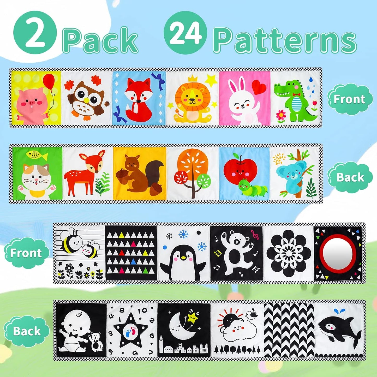 OKOOKO Black and White High Contrast Soft Baby Books 2PCS Washable Tummy Time Toy Crib Stroller Toy Montessori Sensory Toy Early Education for Newborn Baby Infant 0-6 6-12 Months