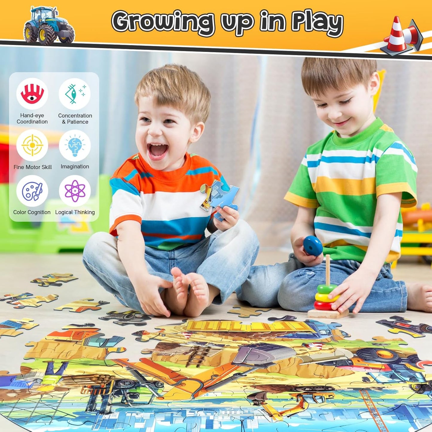 Floor Puzzles for Kids Ages 3 4 5 6 7 8, 70 Piece Construction Site Jigsaw Puzzle with Excavator Bulldozer Forklift Dumper Truck, Building Site Educational Toy Gift for Boys Birthday Christmas